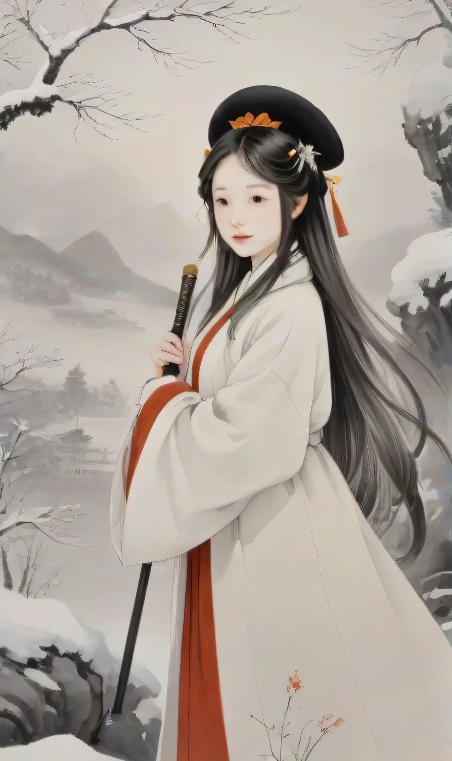 8K, masterpiece, best quality, 2d, traditional chinese ink painting,
ink, 1 girl with a sword, (face with mask:1.2), A big hat is worn on his head, long hair, looking at the audience, White Chinese long coat,
The background is a lot of snow, white snow,