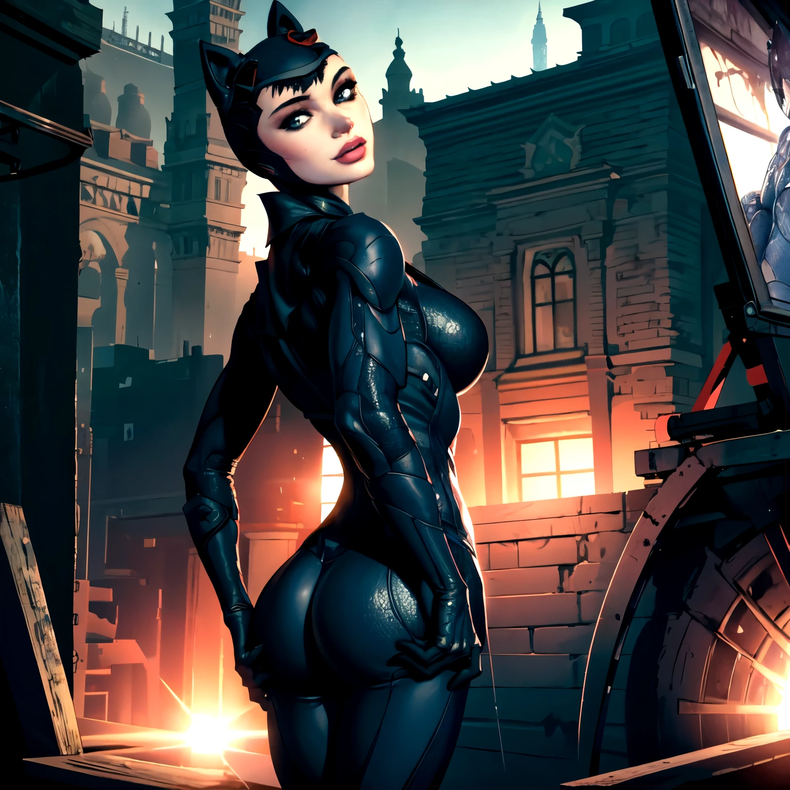 Catwoman and Batman, 1man, 1girl, Man hold girl breast with both hands, girl turned back to camera and her ass is clearly vivisble,  ((extreme detailed)), (ultra-detailed), best quality, ultra high res, (8k, RAW photo, masterpiece, realistic, photorealistic:1.4), 8k UHD, DSLR, ray tracing, high quality texture, intricate details, detailed texture, finely detailed. Beautiful perfect face. Smooth skin, real pores, from behind, looking back at the viewer, best quality, fine details, {{masterpiece, best quality, extremely detailed CG, unity 8k wallpaper, cinematic lighting, lens flare}}.