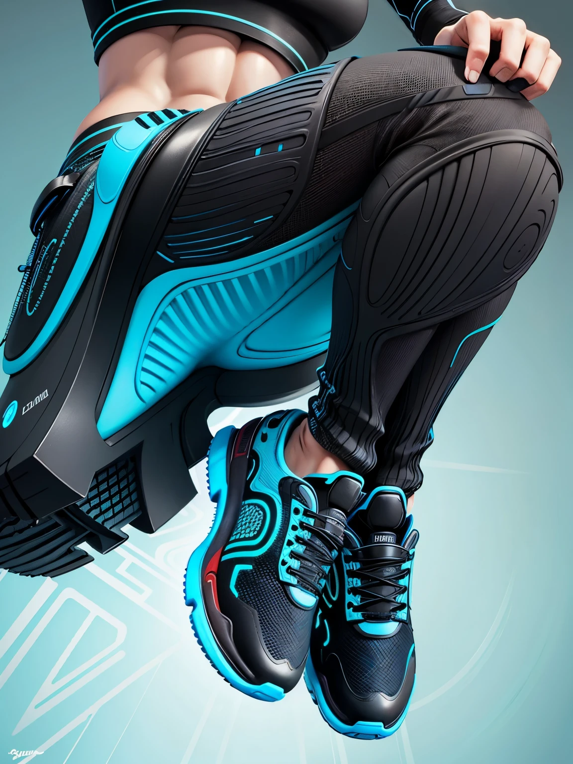 Visualize a sneaker that is sleek and futuristic, yet comfortable and stylish enough for everyday wear. The shoe's silhouette is streamlined, with a profile that suggests speed and agility. The base color of the sneaker is a deep, matte black, providing a versatile and sophisticated foundation that speaks to a wide audience. The upper part of the shoe is crafted from a high-tech, breathable mesh fabric, intricately woven with threads of metallic silver, creating a subtle shimmer that catches the light as the wearer moves. This mesh is not only stylish but offers superior ventilation, keeping the wearer's feet cool and comfortable throughout the day. Overlaying the mesh are strategically placed panels of a smooth, flexible synthetic material that provides structure and support. These panels are in a vibrant electric blue, adding a bold pop of color to the shoe. The panels are designed with aerodynamic lines and curves that enhance the shoe's futuristic look, while also serving the practical purpose of improving its durability and stability. The lacing system is innovative, featuring sleek, electric blue laces that are both functional and a key element of the shoe's design. They thread through reinforced eyelets in an asymmetrical pattern, not only ensuring a snug, adjustable fit but also contributing to the shoe's dynamic appearance. The midsole is a work of art and engineering, incorporating a visible cushioning technology that appears as though it's glowing with a soft, electric blue light. This not only adds an element of futuristic technology to the design but also highlights the sneaker's advanced shock absorption and comfort. The outsole of the sneaker is designed for versatility and performance, made from a durable, translucent rubber that reveals a hint of the electric blue cushioning technology above. It's constructed with a pattern of varying textures and shapes for optimal traction and flexibility, allowing for a smooth transition from city streets to
