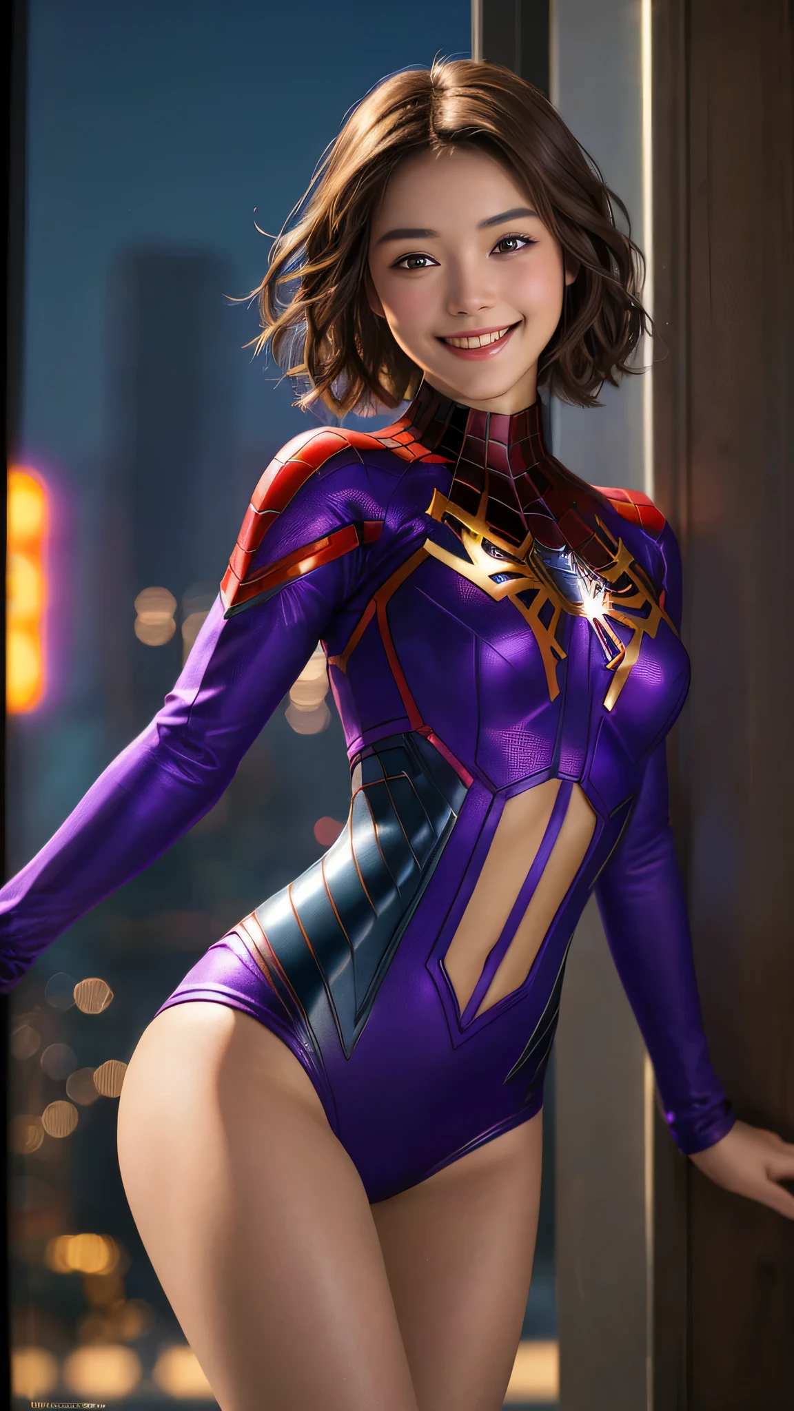 ((Young girl with short brown hair and enchanting purple eyes, Spread a charming smile)), ((masterpiece of depiction: 1.2)), ((High quality and detail: 1.2)),
Inspired by Spider-Man 2099, agile pose and、Features an intricate webbed pattern meticulously designed around her。,
((smile with a cheerful expression: 1.2)), surrounded by lightning,
((highest quality render: 1.1)), Introducing highly detailed and textured features,
Achieve realistic, photorealistic effects with PBR shading,
4K resolution,