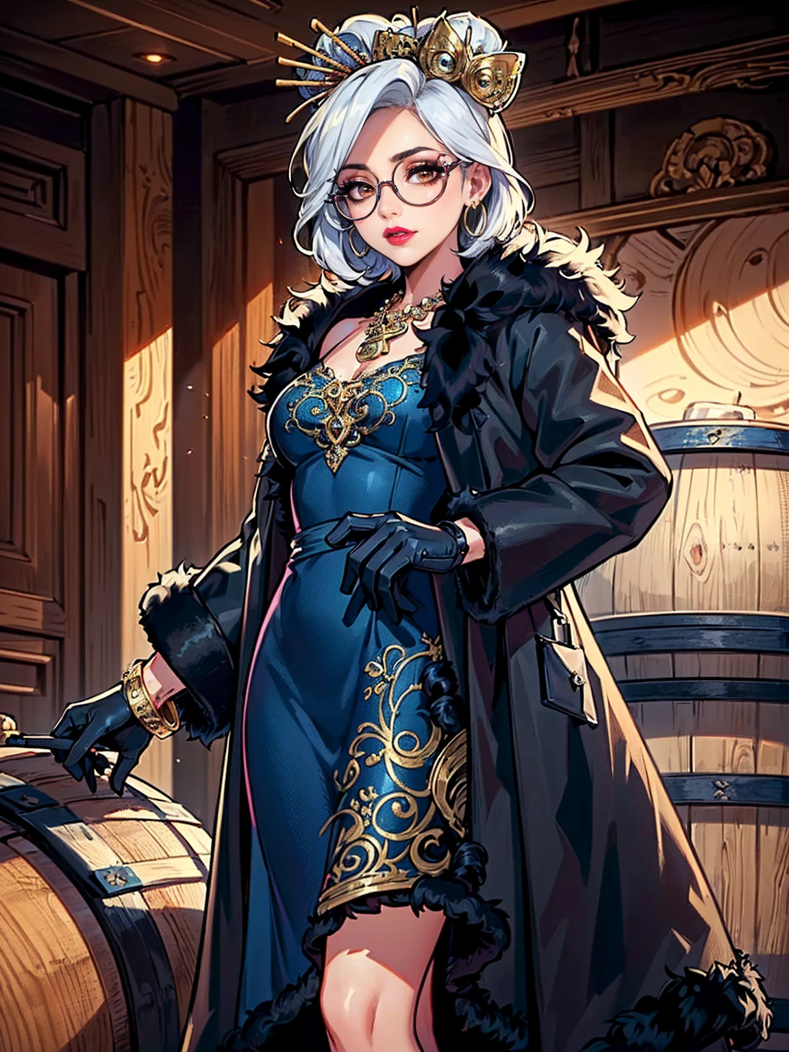 ((Masterpiece, standing,Best Quality, Purah, White Hair, brown Eyes, Red Headband, Hair Ornament, Hair Sticks, Red Glasses, shy, Smug)), ((pink lipstick, Extremely detailed, ambient soft lighting, 4k, perfect eyes, a perfect face, perfect lighting, a 1girl)), (((blue dress, ornate long dress, blue dress)), sexy blue dress))), (((black fur coat:1.4), (ornate dress))), bracelet, winery,wine barrels backgroudn, standing on a barrel, sexy pose, looking at viewer)), eyeshadows, eye liner,glistening eyes, hyper detailed eyes, intricate eyes, beautiful eye, gloves, leather gloves, bracelets, amethyst necklace, hoop earrings))