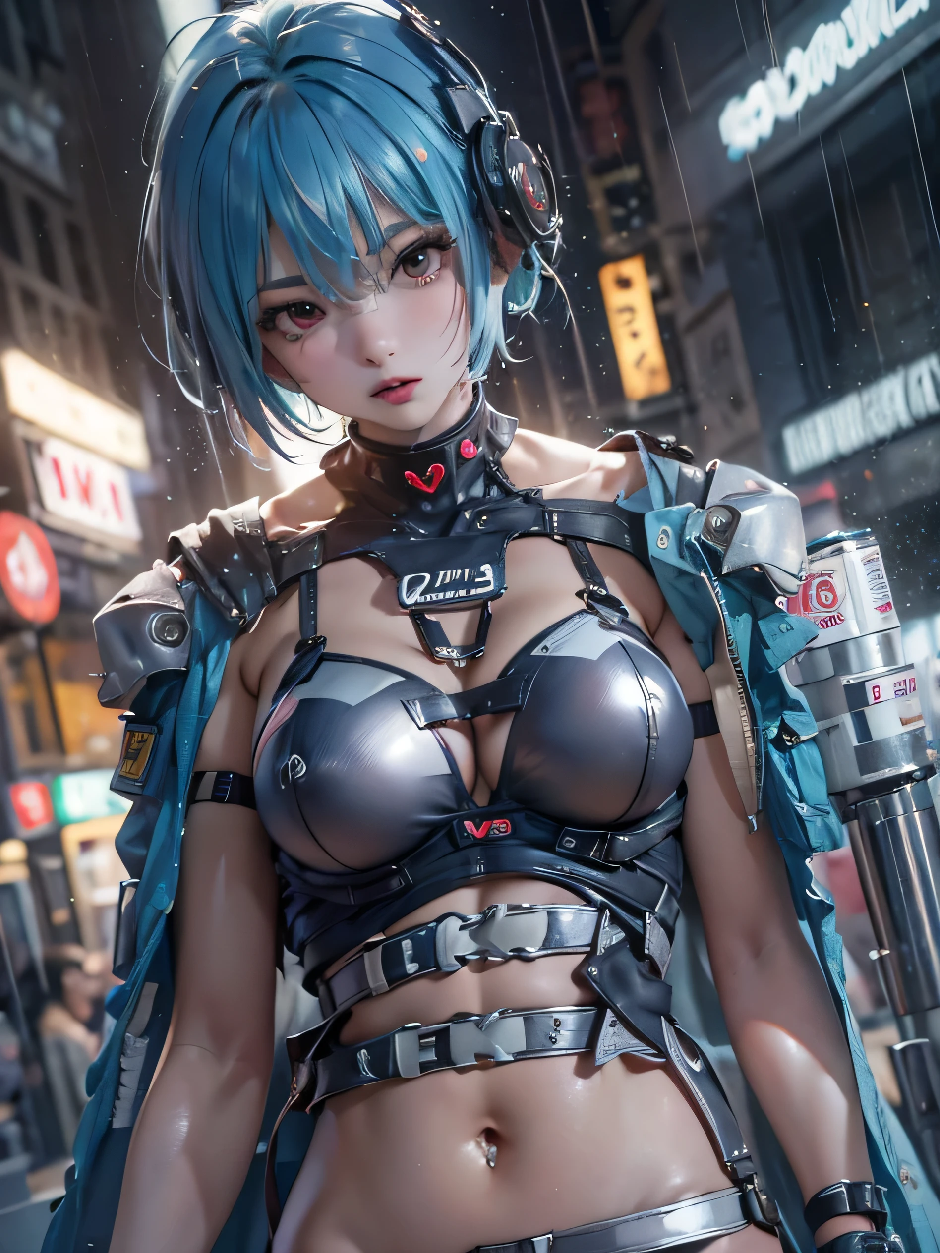(photorealistic:1.8, highest quality:1.8,8K masterpiece:1.8,High resolution,muste piece:1.8,RAW Photos,cinematic lighting),
cyber punk、Back alley at night in the city、rain-soaked ground、vapor、
 (1 android girl:1.3)、Completely naked、Heart-shaped nipples、bondage、choker、knee high tights、Nipple piercing、beautiful butt,beautiful thighs,plump nipples,Nipples are visible through the costume、(Rei Ayanami)(character focus)、
(short Hair:1.2,Beautiful shining blue lime hair:1.5)、
（elation：1.4）、Disdainful、
plump nipples、(cameltoe),No split screen,slender abs:1.2,(Young sensual gravure idol)