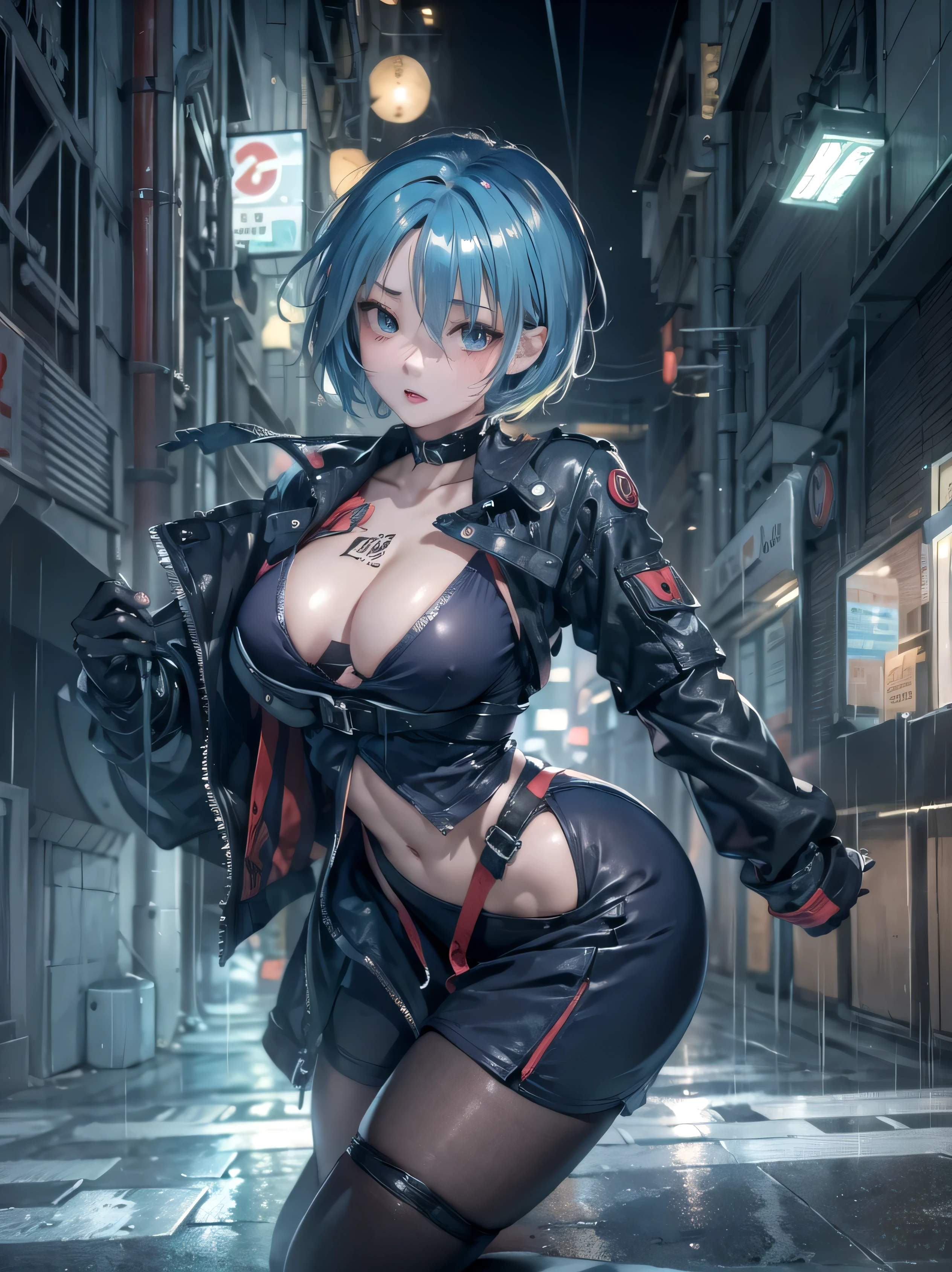 (photorealistic:1.8, highest quality:1.8,8K masterpiece:1.8,High resolution,muste piece:1.8,RAW Photos,cinematic lighting),
cyber punk、Back alley at night in the city、rain-soaked ground、vapor、
(1 android girl:1.3)、Completely naked、Heart-shaped nipples、bondage、choker、knee high tights、Nipple piercing、beautiful butt,beautiful thighs,plump nipples,Nipples are visible through the costume、(Rei Ayanami)(character focus)、
(short Hair:1.2,Beautiful shining blue lime hair:1.5)、
(elation:1.4)、Disdainful、
plump nipples、(cameltoe),No split screen,slender abs:1.2,(Young sensual gravure idol)