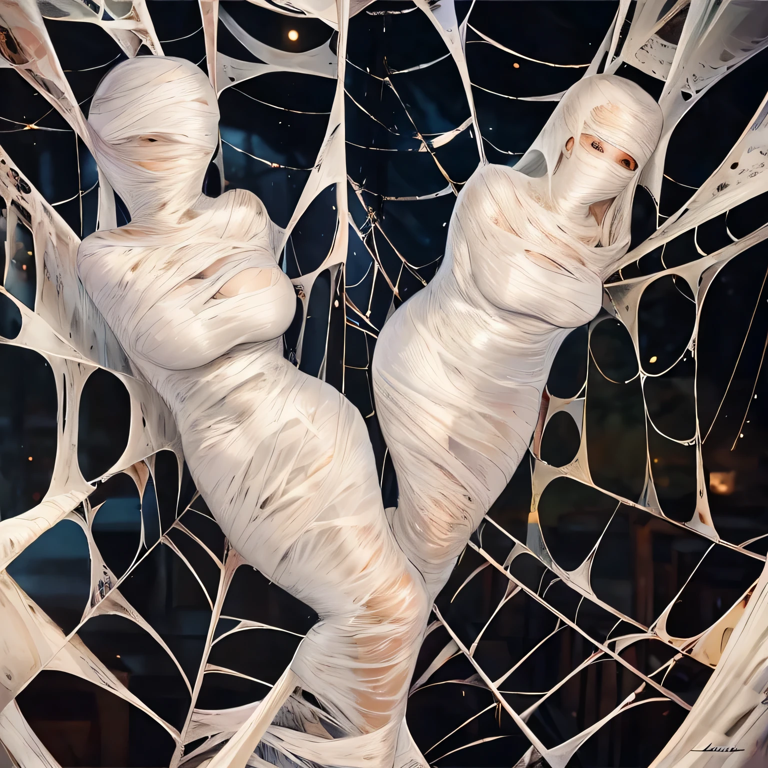 a girl entangled in the spider web, struggle, detailed classroom, (cocoon:1.3), spider web, hanging, spider in the web, spider