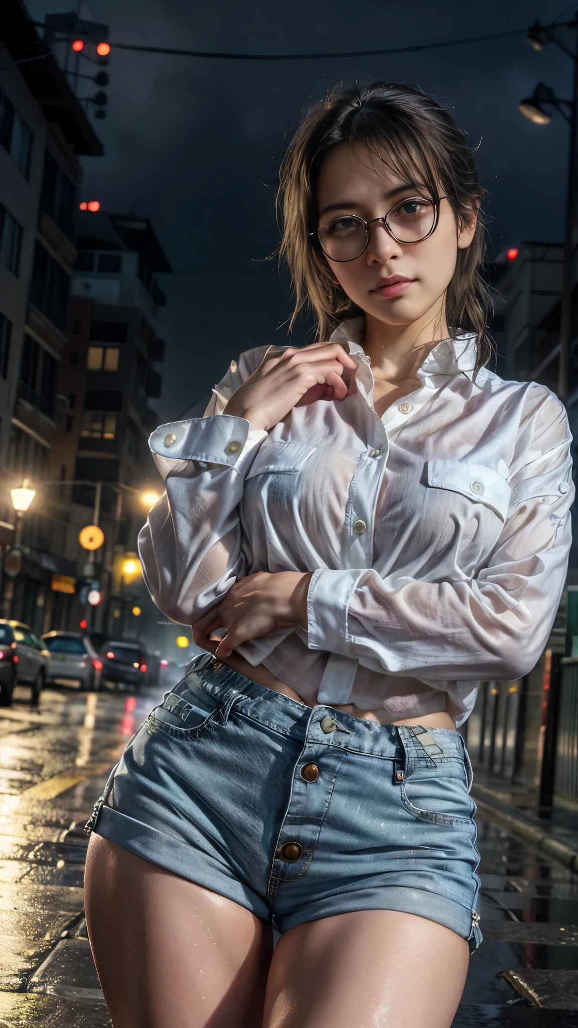 Photorealistic, (close up:1.3, exposed face), wide angle, (seen from below), a japanese young woman wearing wet (long sleeve (button shirt:1.2), oversized t-shirt, hotpants), a hyperrealistic beautiful young girls with grayish blue eyes in glasses, natural sagging breast, high detailed official artwork, beautiful girls with slim fit body and busty posture, long legs, attractive young woman, (atractive walking poses:1.3, crossed arm hold the breast up), at wet sidewalk in the (foggy big city:1.2), night view background, rainny day, dubnitskiy david fanart, realistic portrait, smooth photorealistic, perfect visual of a cute girls, cute girls with skinice soft face, face focus, makoto shinkai and artgerm, photon mapping, natural light, warm color tones, vivid colors, cool ambient, foggy atmosphere