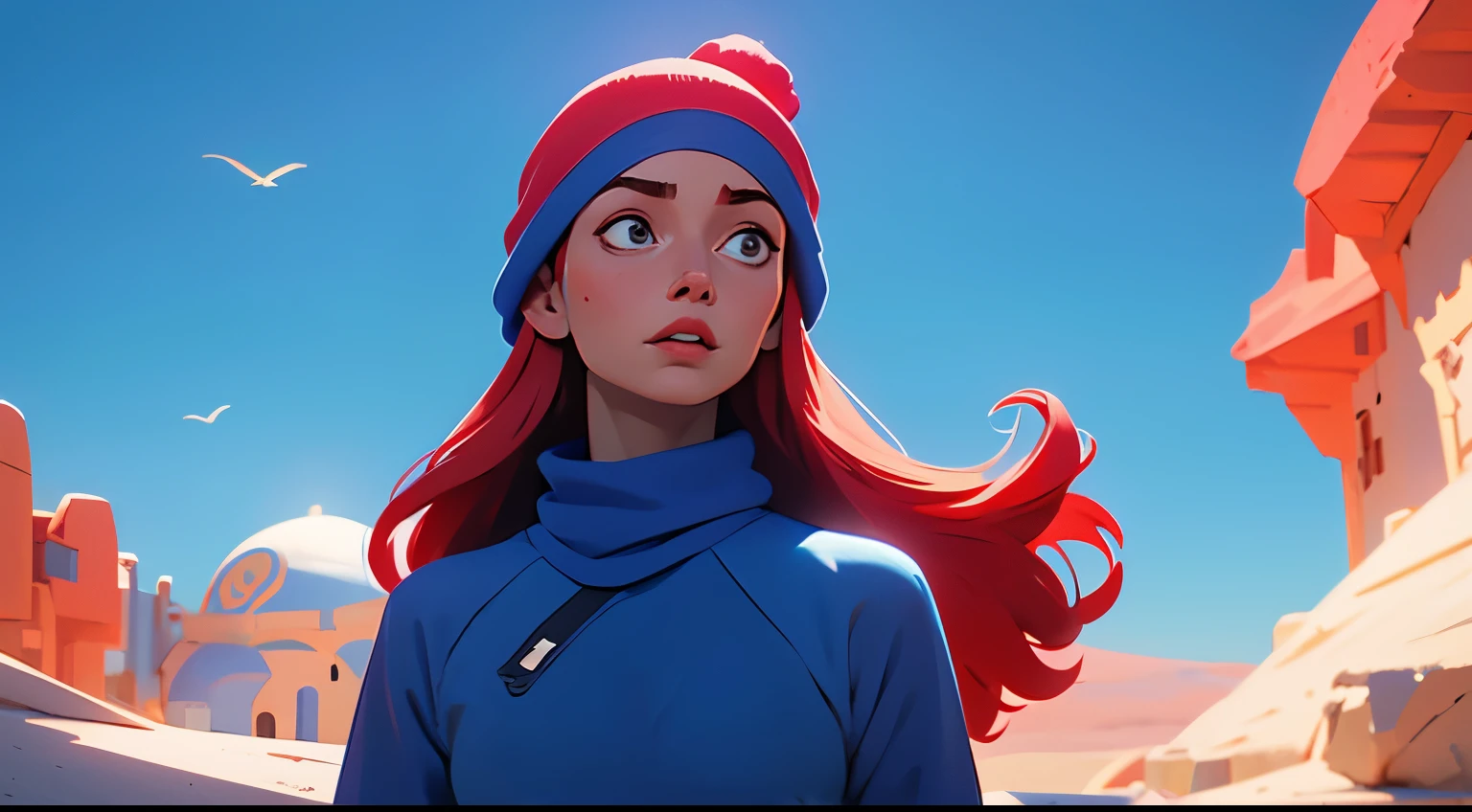 obra de arte, 4K, fechar-se, profundidade de campo rasa, image of a beautiful red-headed woman with long hair and wearing a blue beanie and blue sweater