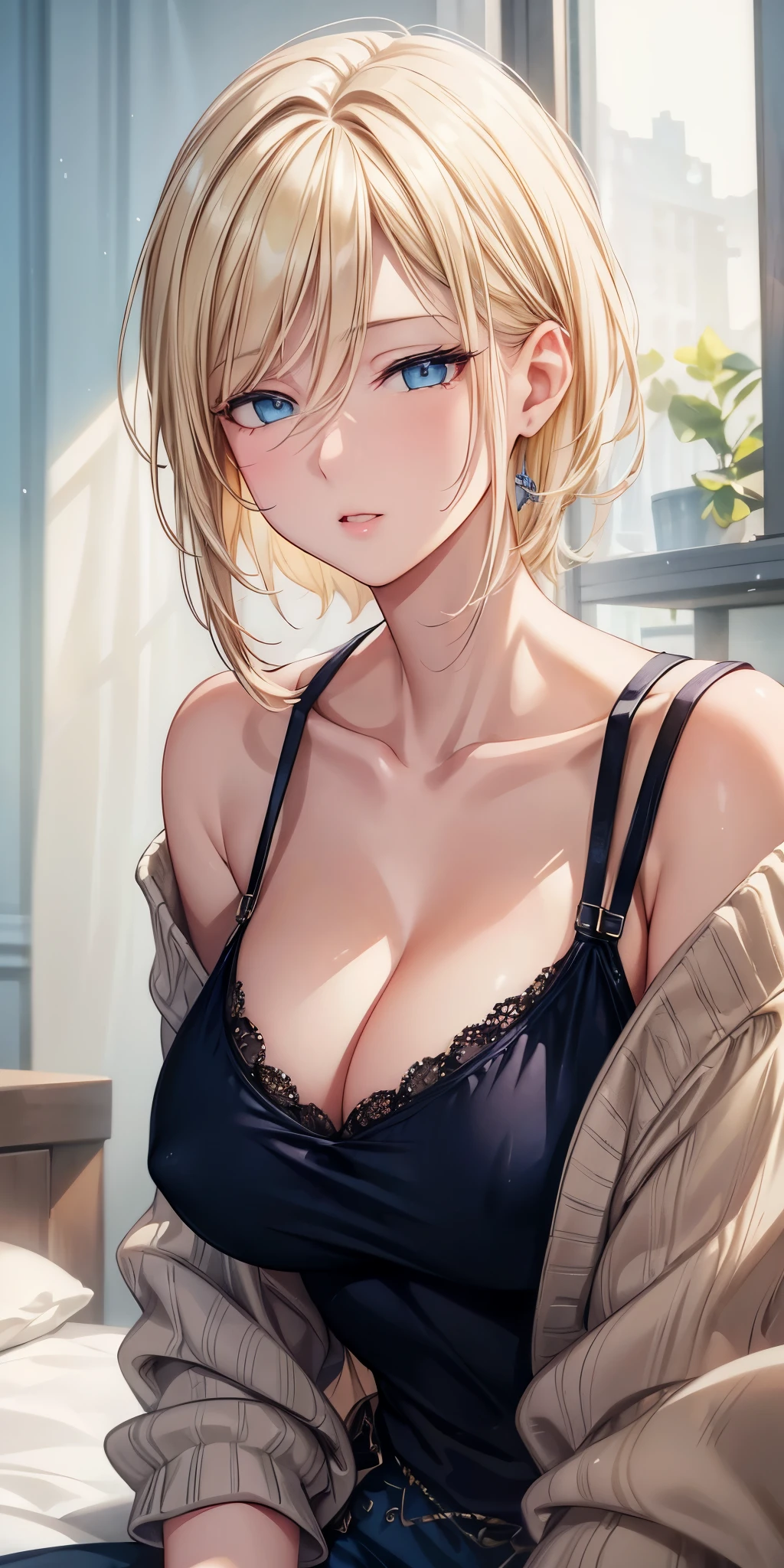 (best quality, highres, realistic), portrait, elegant mature woman, blue eyes,blonde hair, big breast, ultra detailed cg 8k, beautiful cg, soft light