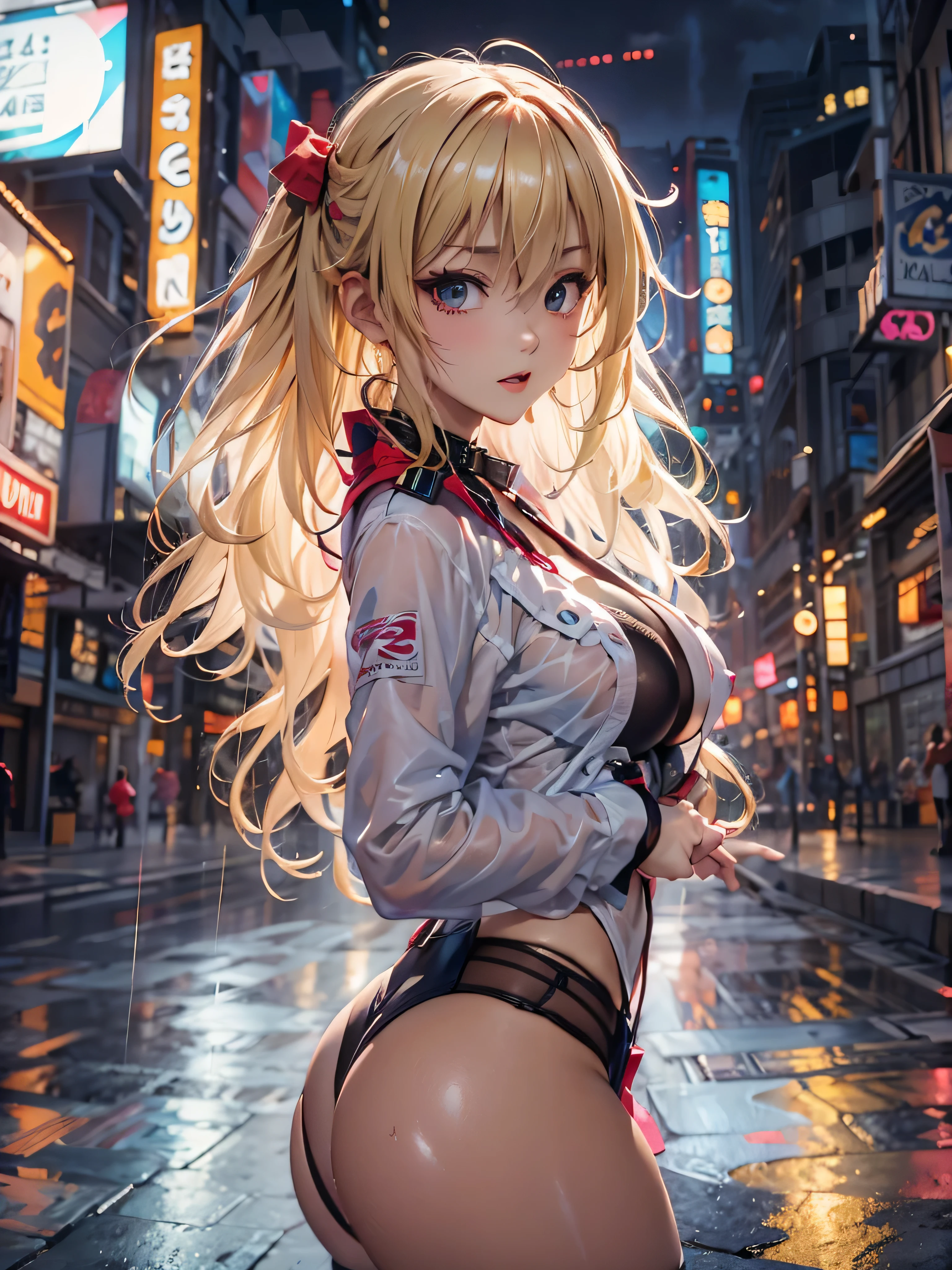 (photorealistic:1.8, highest quality:1.8,8K masterpiece:1.8,High resolution,muste piece:1.8,RAW Photos,cinematic lighting),
cyber punk、Back alley at night in the city、rain-soaked ground、vapor、
 (1 android girl:1.3)、Completely naked、shirt、bondage、choker、knee high tights、Nipple piercing、beautiful butt,beautiful thighs,plump nipples,Nipples are visible through the costume、(Soryu Asuka Langley)(character focuidium Hair:1.2,beautiful shining blonde hair:1.5)、
（elation：1.4）、Disdainful、
plump nipples、(cameltoe),No split screen,slender abs:1.2,(Young sensual gravure idol)