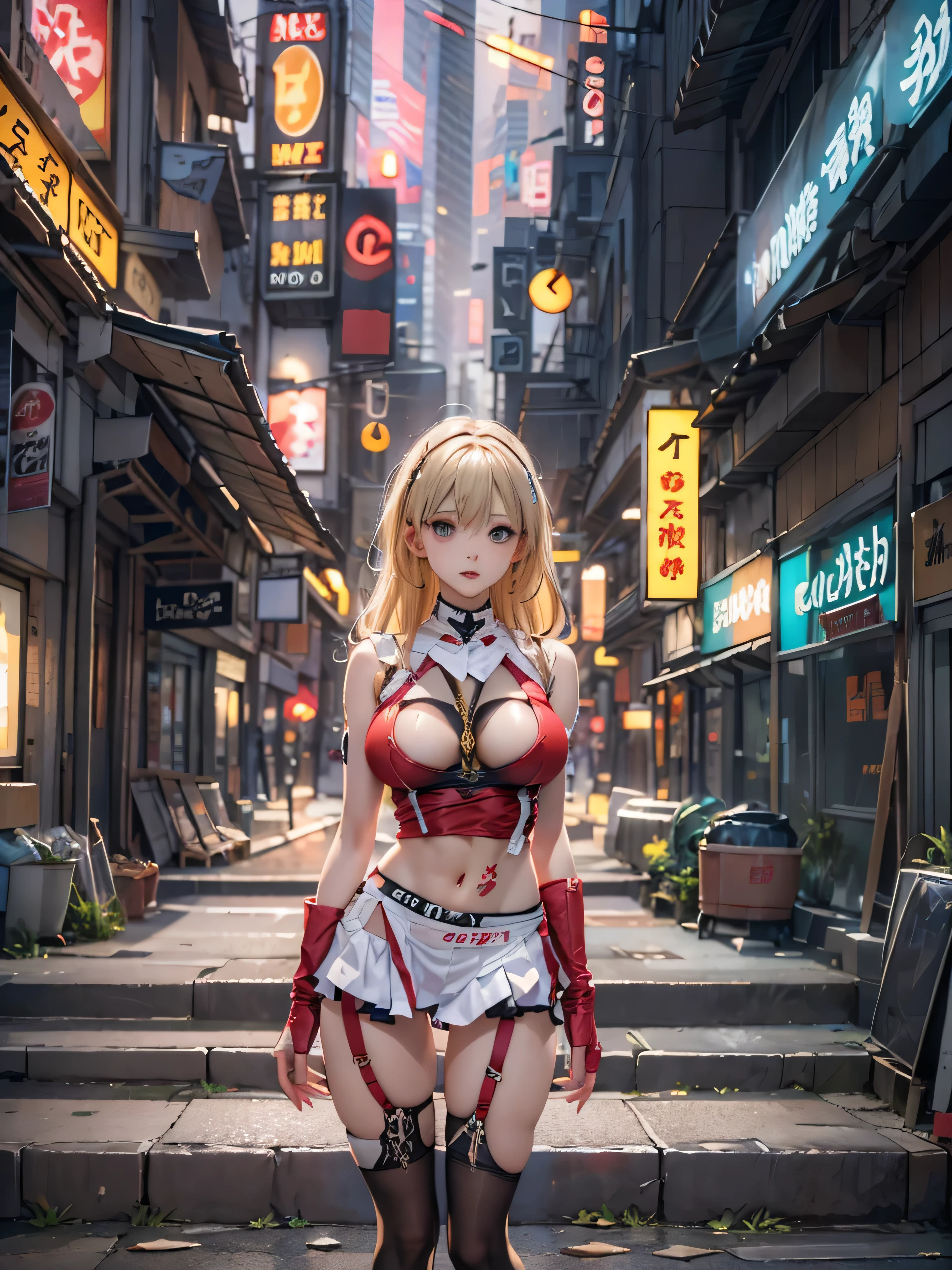 (photorealistic:1.8, highest quality:1.8,8K masterpiece:1.8,High resolution,muste piece:1.8,RAW Photos,cinematic lighting),
cyber punk、Back alley at night in the city、vapor、
 (1 android girl:1.3)、Completely naked、shirt、bondage、choker、knee high tights、Nipple piercing、beautiful butt,beautiful thighs,plump nipples,Nipples are visible through the costume、(Soryu Asuka Langley)(character focuidium Hair:1.2,beautiful shining blonde hair:1.5)、
（elation：1.4）、Disdainful、
plump nipples、(cameltoe),No split screen,slender abs:1.2,(Young sensual gravure idol)