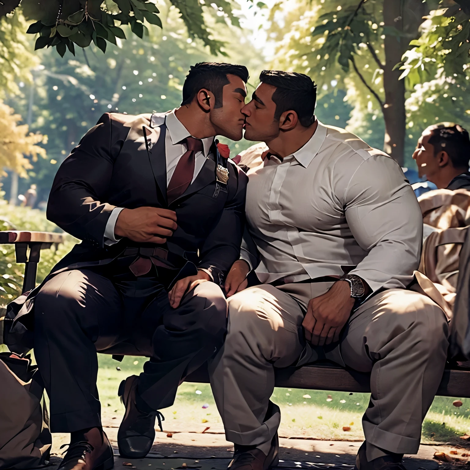 Gay deep kiss, in a Police suit, far from public, on the trees, Autumn, panting, sweat, High resolution, sit on the bench, full body, Love couple, kissing on the lips, touch each others abs, lewd, sex, in the tent, sleepin while kissing, Muscle, holding each other's chests