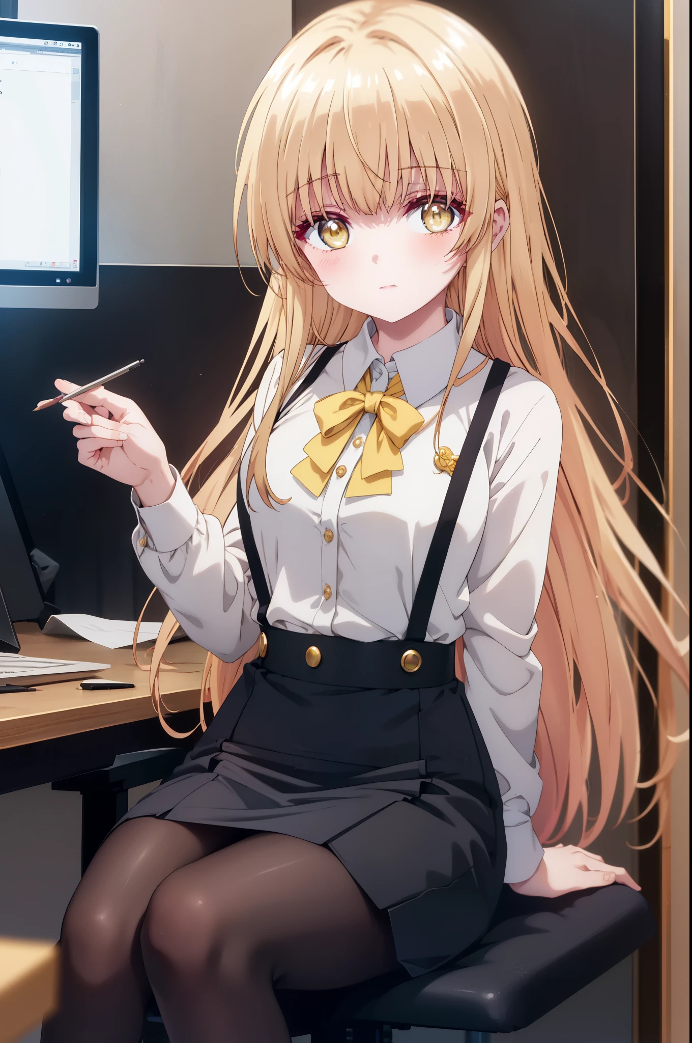 mahirushiina, Mahiru Shiina, bangs, blonde hair, brown hair, (yellow eyes:1.3), smile,blush,open your mouth,long hair,OL, red glasses, end, black suit jacket, collared jacket, white dress shirt, collared shirt, neckline, button, strap, ID card on the neck, black pencil skirt, stiletto heels,black pantyhose, smile, blush, ,There is a computer on the desk.,sitting cross-legged on a chair,
break indoors,office,
break looking at viewer, whole body, (cowboy shot:1. 5)
break (masterpiece:1.2), highest quality, High resolution, unity 8k wallpaper, (shape:0.8), (fine and beautiful eyes:1.6), highly detailed face, perfect lighting, Very detailed CG, (perfect hands, perfect anatomy),