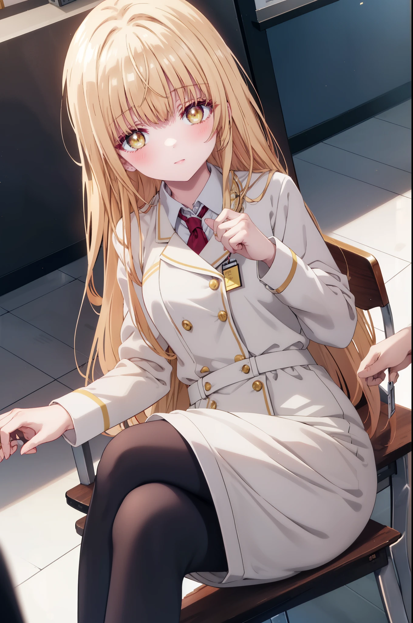 mahirushiina, Mahiru Shiina, bangs, blonde hair, brown hair, (yellow eyes:1.3), smile,blush,open your mouth,long hair,OL, red glasses, end, black suit jacket, collared jacket, white dress shirt, collared shirt, neckline, button, strap, ID card on the neck, black pencil skirt, stiletto heels,black pantyhose, smile, blush, ,There is a computer on the desk.,sitting cross-legged on a chair,
break indoors,office,
break looking at viewer, whole body, (cowboy shot:1. 5)
break (masterpiece:1.2), highest quality, High resolution, unity 8k wallpaper, (shape:0.8), (fine and beautiful eyes:1.6), highly detailed face, perfect lighting, Very detailed CG, (perfect hands, perfect anatomy),