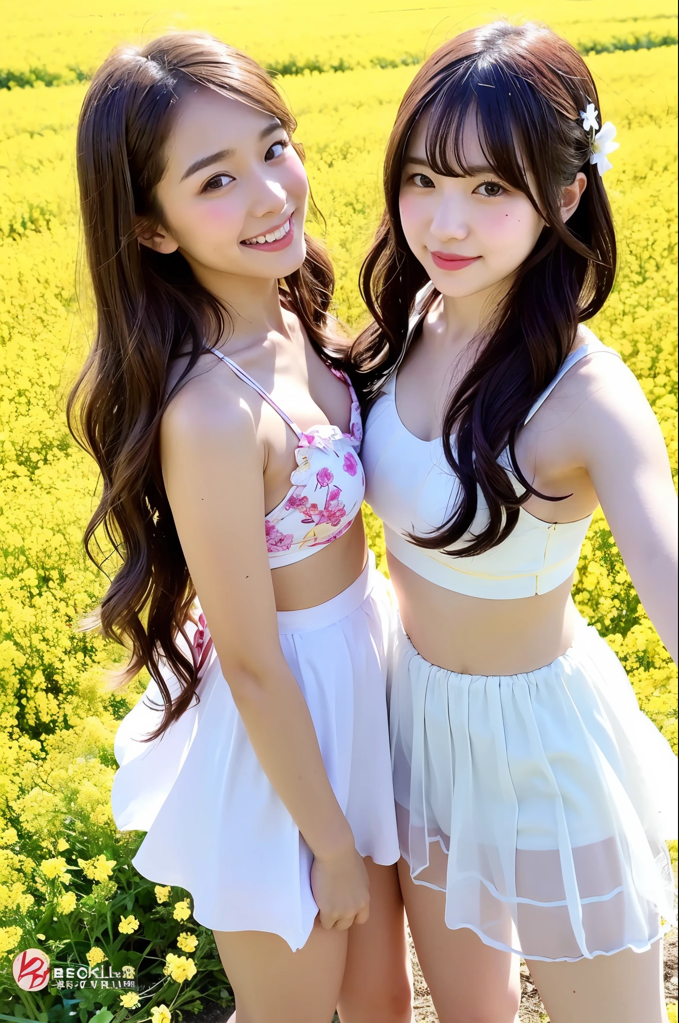 2 girls in canola flower field under cherry blossoms,white sheer frilled micro bikini,18-year-old,bangs,a little smile,thighs,knees,straight hair with barrette with white bow,hair browing in wind,from below,front light