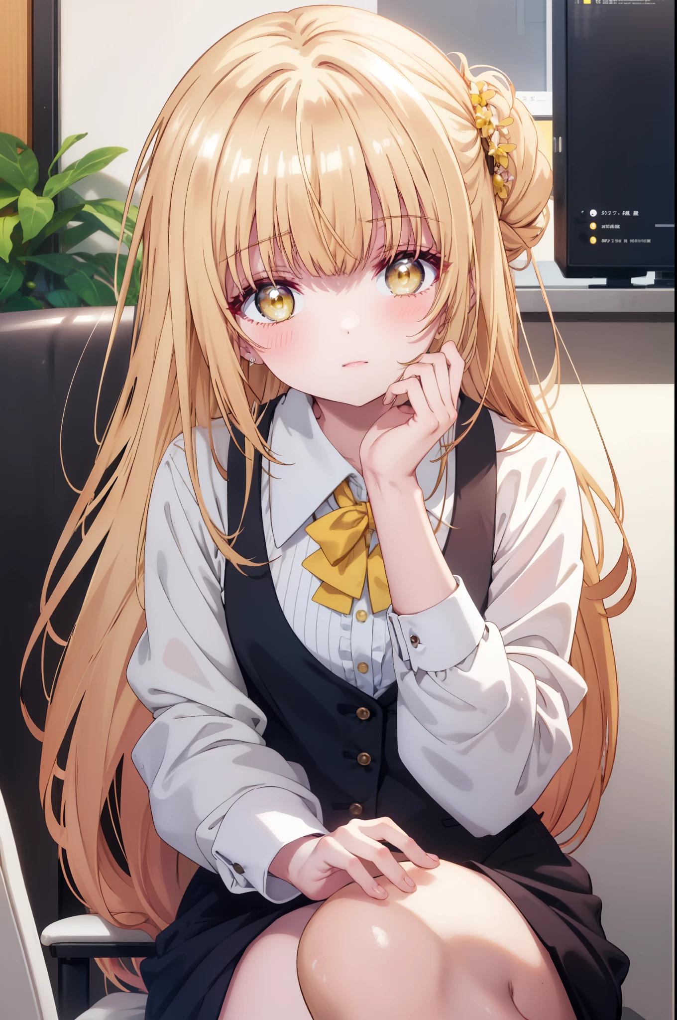 mahirushiina, Mahiru Shiina, bangs, blonde hair, brown hair, (yellow eyes:1.3), smile,blush,open your mouth,long hair,OL, red glasses, end, black suit jacket, collared jacket, white dress shirt, collared shirt, neckline, button, strap, ID card on the neck, black pencil skirt, stiletto heels,black pantyhose, smile, blush, ,There is a computer on the desk.,sitting cross-legged on a chair,morning,morning日,
break indoors,office,
break looking at viewer, whole body, (cowboy shot:1. 5)
break (masterpiece:1.2), highest quality, High resolution, unity 8k wallpaper, (shape:0.8), (fine and beautiful eyes:1.6), highly detailed face, perfect lighting, Very detailed CG, (perfect hands, perfect anatomy),