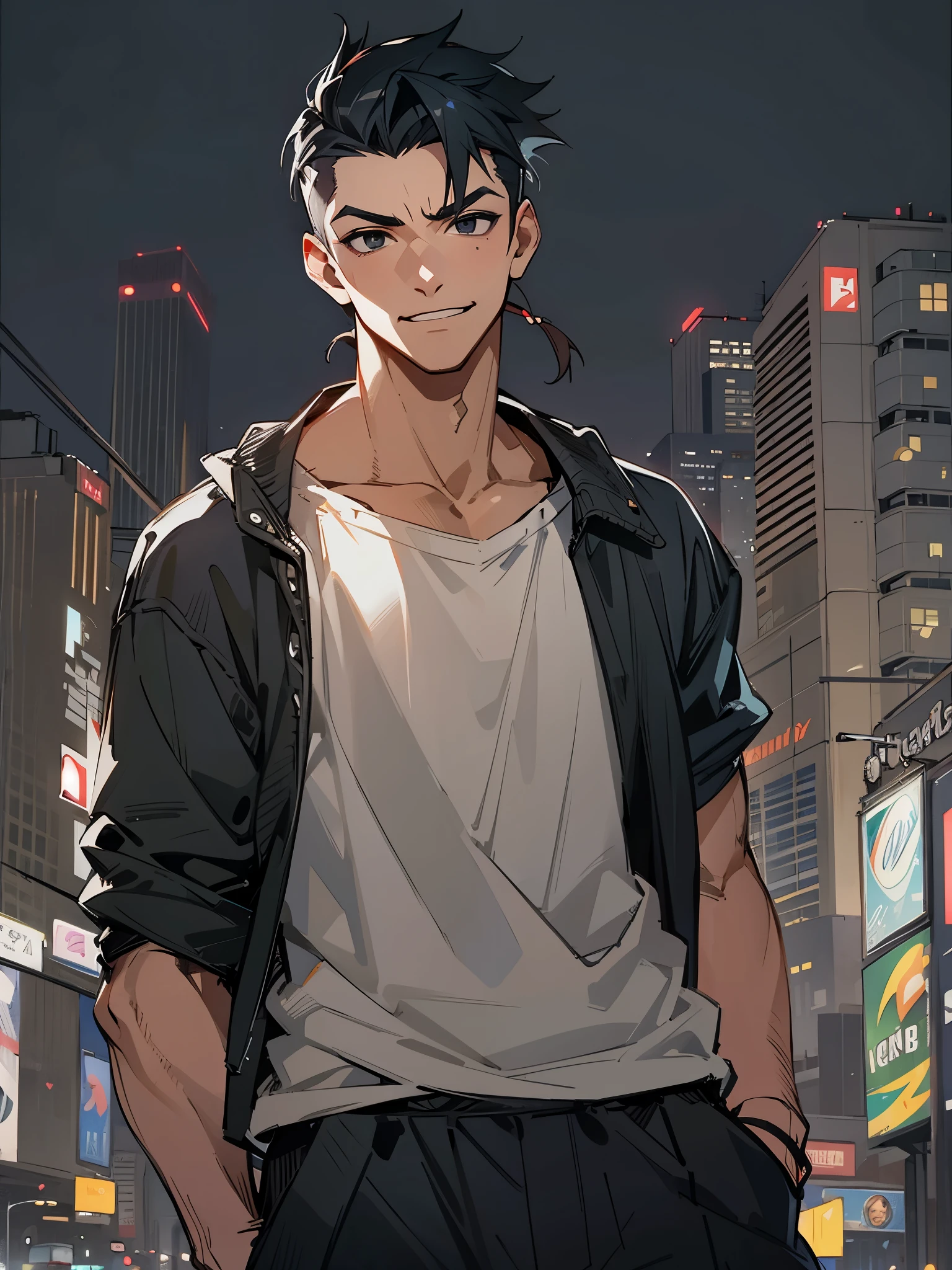 1male, , Muscular, Black Eyes, Black Hair, Short Hair, Scar On Face, Smirk, Confident Expression, High Pony Tail, Baggy Black Pants, Baggy T-Shirt, City