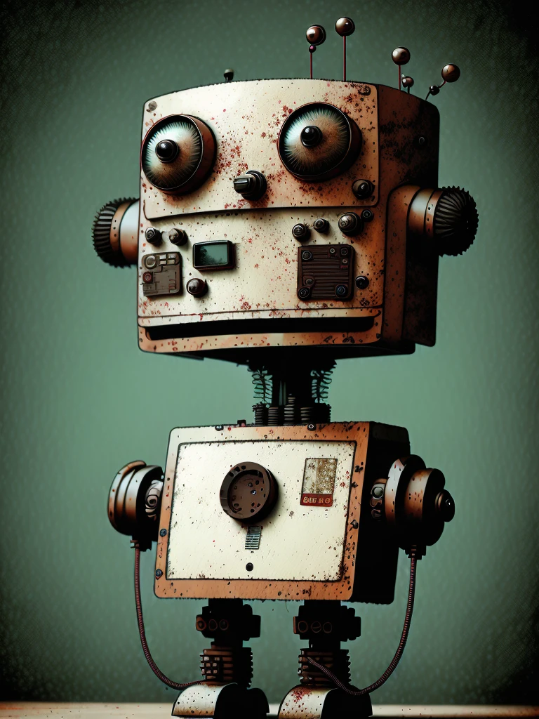 retro:1.3, bipedal robot（１Cuerpo）, color tierra y cian, punk, feliz, Optimista, Jerome Hieronymus Hieronymus, Gabriel Pacheco:1.3、fondo antiguo teatro、lighting the robot like on a theater stage、dark warehouse