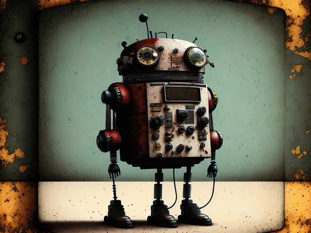 retro:1.3, bipedal robot(1Cuerpo), color tierra y cian, punk, feliz, Optimista, Jerome Hieronymus Hieronymus, Gabriel Pacheco:1.3、fondo antiguo teatro、lighting the robot like on a theater stage、dark warehouse