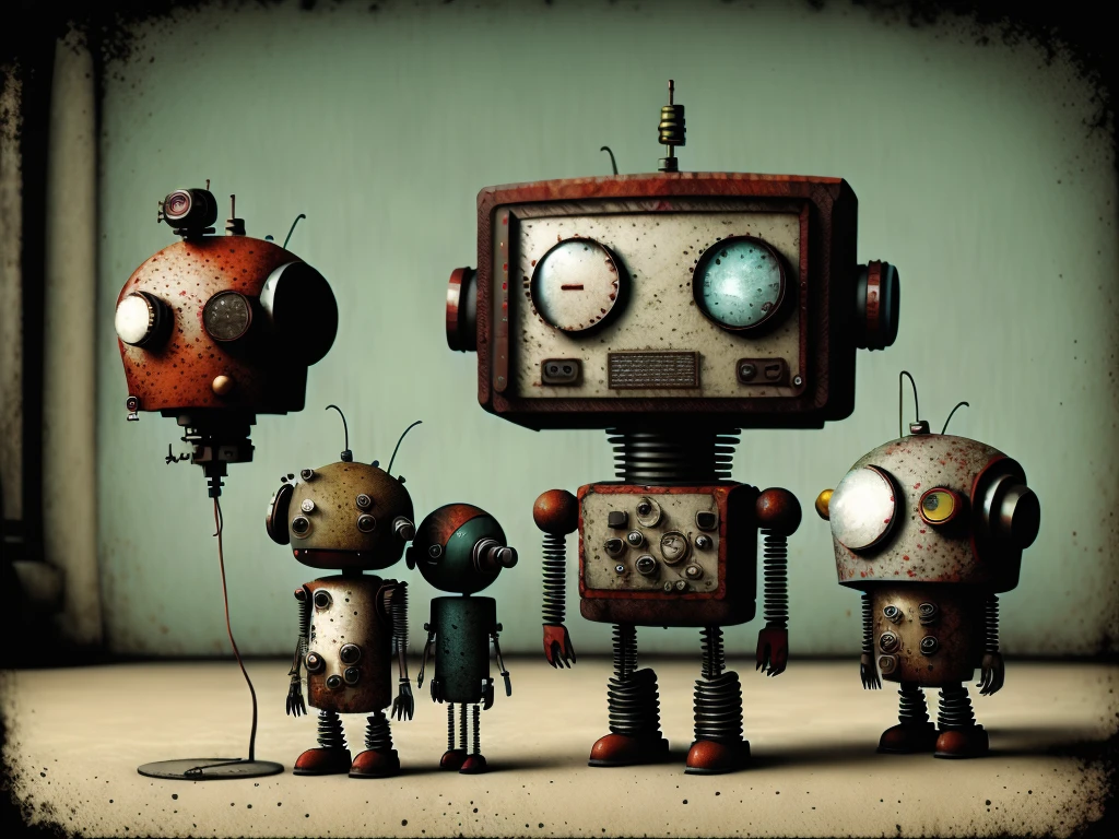 retro:1.3, bipedal robot(1Cuerpo), color tierra y cian, punk, feliz, Optimista, Jerome Hieronymus Hieronymus, Gabriel Pacheco:1.3、fondo antiguo teatro、lighting the robot like on a theater stage、dark warehouse