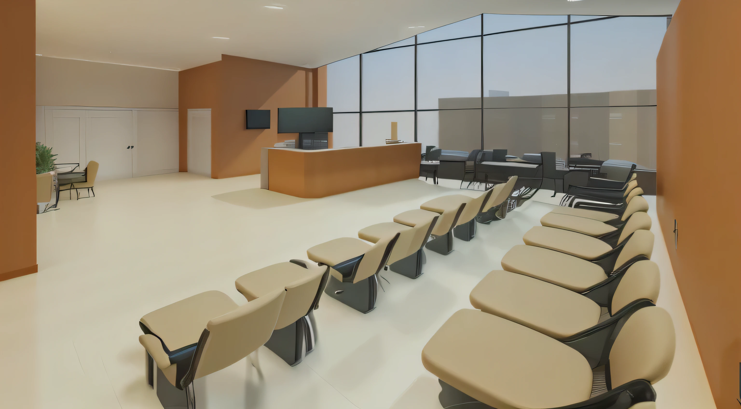 there is a room with a lot of chairs and a desk, waiting room, 3 d renders, 3 d rendered, 3d rendered, highly rendered!!, 3d rendered model, pre-rendered, doctors office, hospital interior, 3d rendering, 3 d rendering, surgery theatre, rendered 3d model, digital rendering, 3 / 4 view, 3/4 view