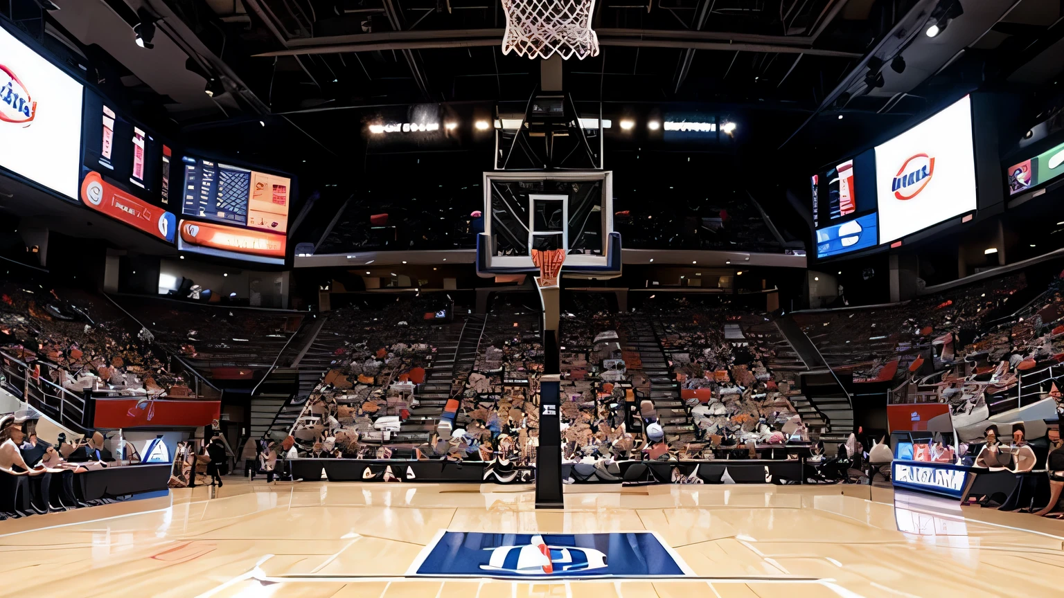 mesa de cesta de basquete da NBA, with the public in the background of the image, sem nenhum jogador na mesa
