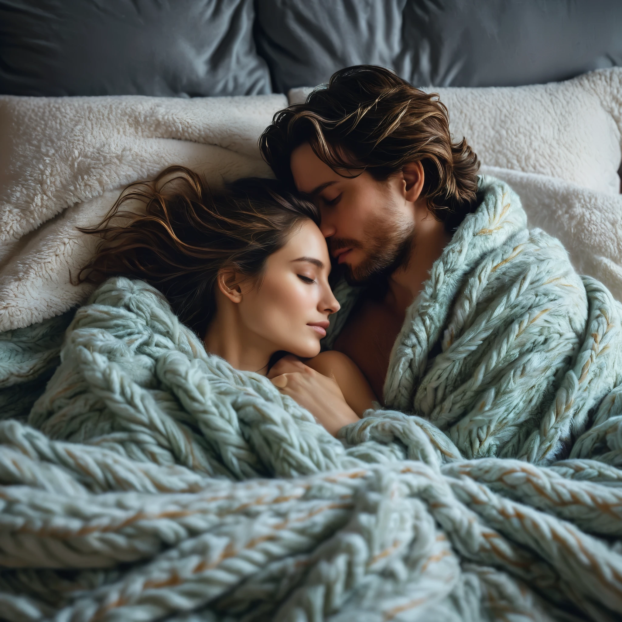 An intimate moment captured between two lovers entangled in each other's arms on a bed covered in soft, fluffy blankets. 8k, hyper realism, vibrant colors, sharp crisp image