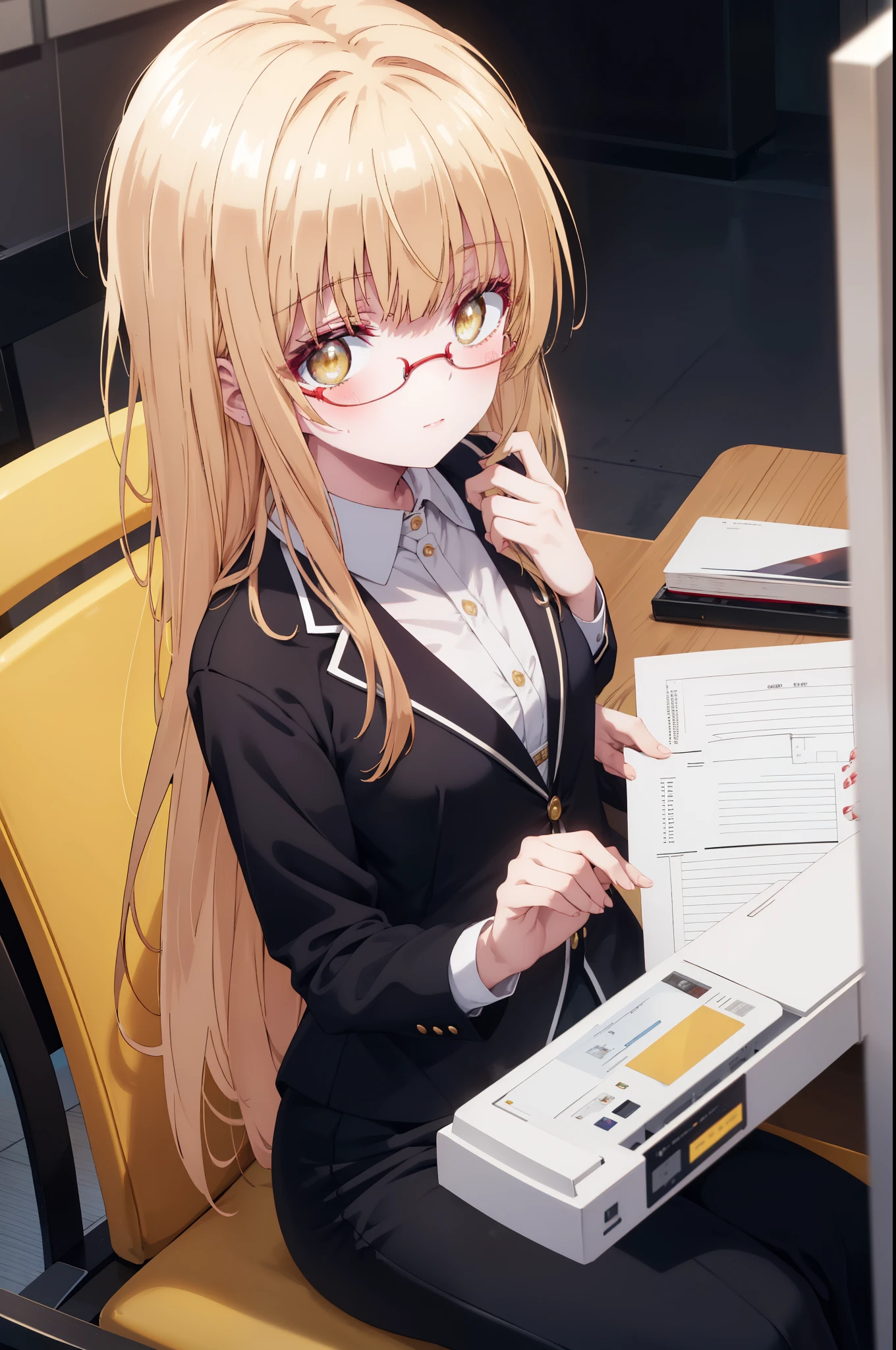 mahirushiina, Mahiru Shiina, bangs, blonde hair, brown hair, (yellow eyes:1.3), smile,blush,open your mouth,long hair,OL, red glasses, end, black suit jacket, collared jacket, white dress shirt, collared shirt, neckline, button, strap, ID card on the neck, black pencil skirt, stiletto heels,black pantyhose, smile, blush, ,There is a computer on the desk.,sitting cross-legged on a chair,morning,morning日,
break indoors,office,
break looking at viewer, whole body, (cowboy shot:1. 5)
break (masterpiece:1.2), highest quality, High resolution, unity 8k wallpaper, (shape:0.8), (fine and beautiful eyes:1.6), highly detailed face, perfect lighting, Very detailed CG, (perfect hands, perfect anatomy),