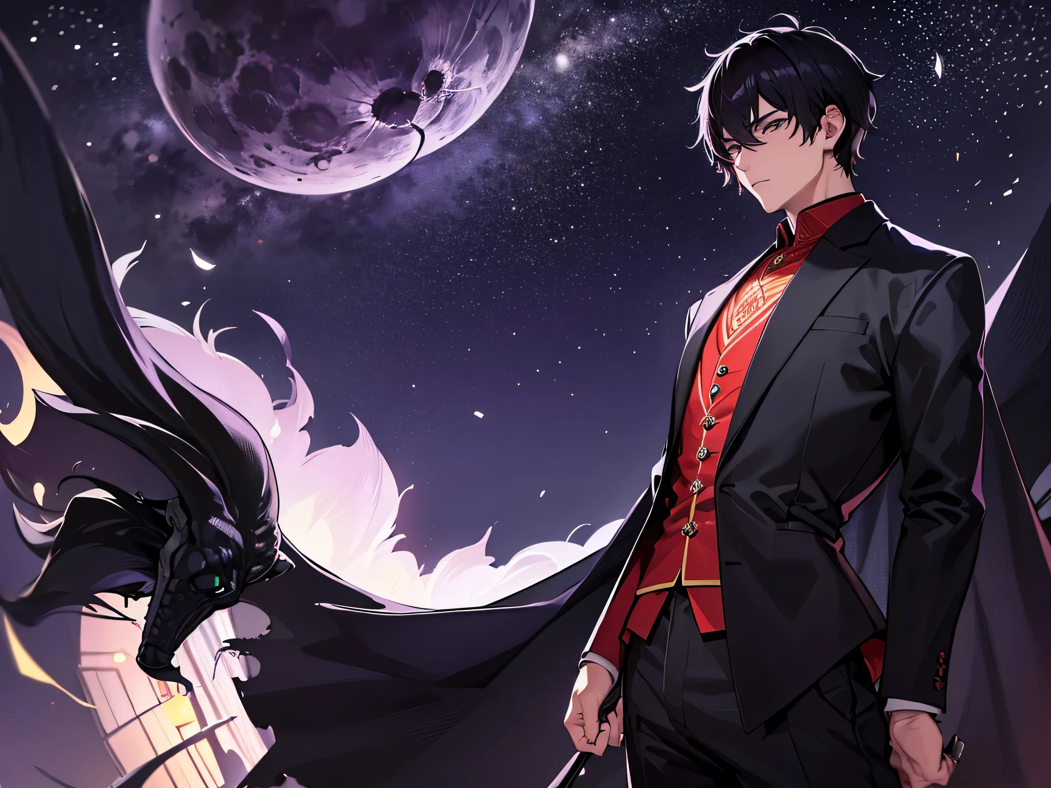 Homem, olhando para o lado esquerdo, com curto, slightly messy black hair, at night with dark purple sky, he has his back, olhando para o lado esquerdo, mostrando metade do rosto, apenas o personagem'Head