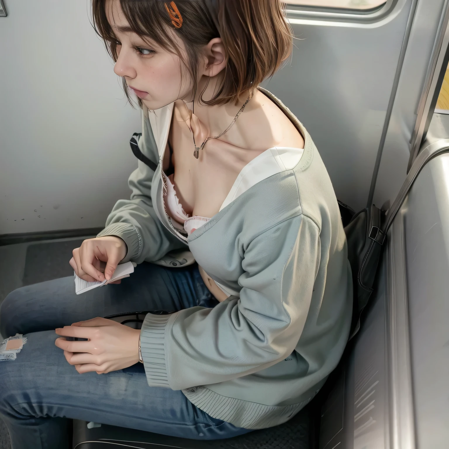 highest quality, soft light, ultra high resolution, 8K, (realistic:1.4), Raw photo, 1 Japanese girl, alone, flat chest, down blouse, small breasts, sensual, detailed bra,overlap casual shirt, (small box),(High resolution details of human skin texture), short hair,necklace,View from top left,Inside the train, sit on a chair and read a book