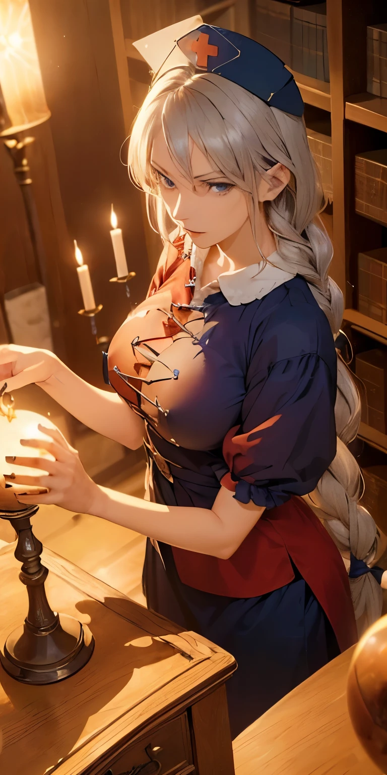 (masterpiece, best quality:1.3), (face focus:1.3), Yagokoro Eirin, Touhou Series, perfect face, expressive eyes, 1woman, looking at viewer, 38 years old, gorgeous body, big ??????, beautiful, anime, lora,1woman, silver hair, braid hair, nurse cap, red and blue clothes, long skirt, (evil look, looking down on viewer:1.5), (cinematic lighting, realistic, dream-like, enchanting atmosphere:1.5), (photo of a woman in her dark and mysterious environment:1.3), (the woman surrounded by an aura of mystery and intrigue:1.3), (in the middle of a massive modern library in the style of Tianjin Library:1.3), (candles flickering, casting dancing shadows around the room:1.3), (the dim lighting adding to the ambiance of secrecy and mysticism:1.3), (a crystal ball nearby, adding to the mystical setting:1.3), (symbols of astrology and esoteric knowledge decorating the room:1.3), (a hint of incense in the air, adding to the sensory experience:1.3), 