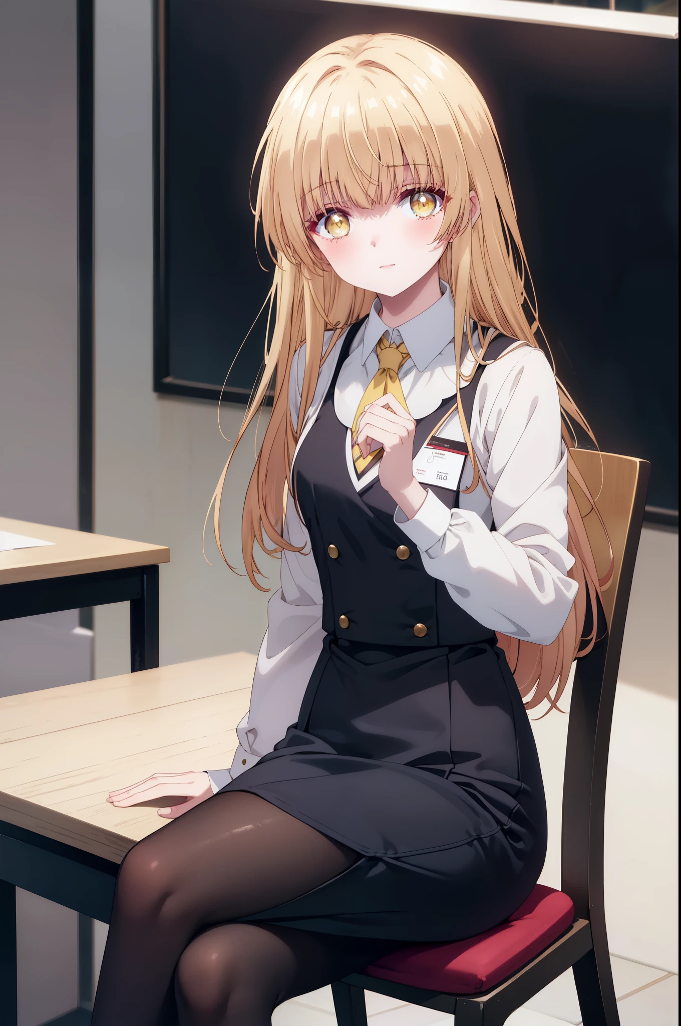 mahirushiina, Mahiru Shiina, bangs, blonde hair, brown hair, (yellow eyes:1.3), smile,blush,open your mouth,long hair,OL, red glasses, end, black suit jacket, collared jacket, white dress shirt, collared shirt, neckline, button, strap, ID card on the neck, black pencil skirt, stiletto heels,black pantyhose, smile, blush, ,There is a computer on the desk.,sitting cross-legged on a chair,morning,morning日,
break indoors,office,
break looking at viewer, whole body, (cowboy shot:1. 5)
break (masterpiece:1.2), highest quality, High resolution, unity 8k wallpaper, (shape:0.8), (fine and beautiful eyes:1.6), highly detailed face, perfect lighting, Very detailed CG, (perfect hands, perfect anatomy),