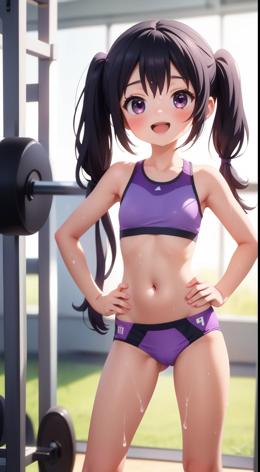 masterpiece, 1girl, solo, smile, smirk, open mouth, (wet purple black hair), twin tails, race queen, rq, tedeza rize, standing, (hand on own hip), looking at viewer, gym bra and panties, in gym, Intricate Iris Details