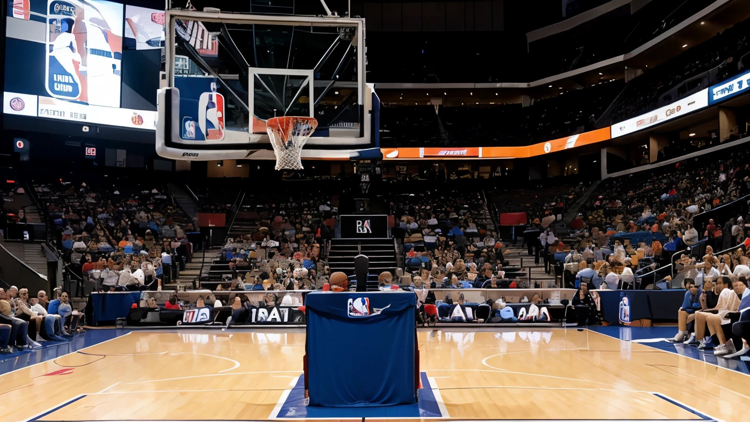 nba basketball hoop table, with the public in the background of the image, without any player on the table