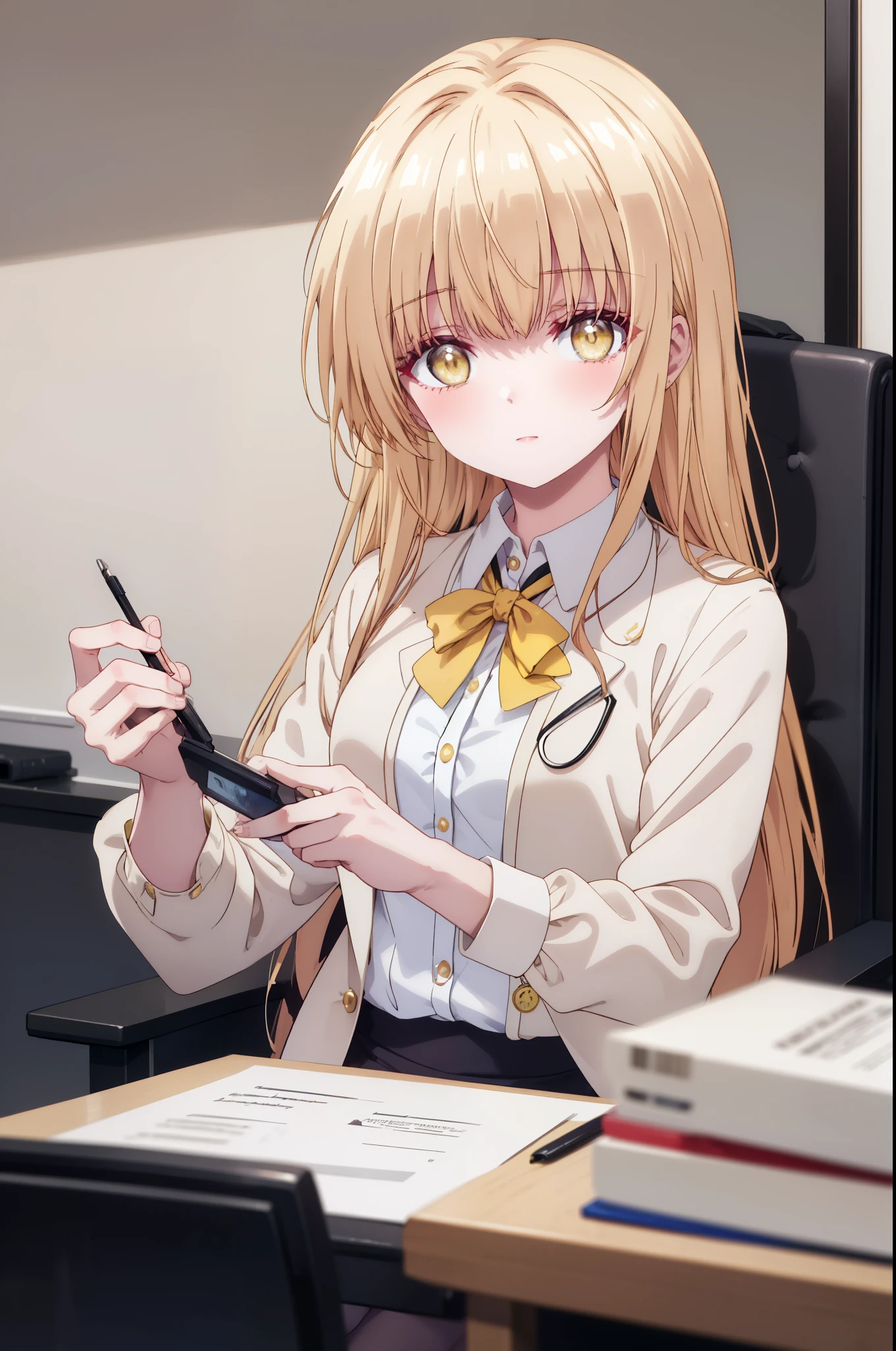 mahirushiina, Mahiru Shiina, bangs, blonde hair, brown hair, (yellow eyes:1.3), smile,blush,open your mouth,long hair,OL, red glasses, end, black suit jacket, collared jacket, white dress shirt, collared shirt, neckline, button, strap, ID card on the neck, black pencil skirt, stiletto heels,black pantyhose, smile, blush, ,There is a computer on the desk.,sitting cross-legged on a chair,morning,morning日,
break indoors,office,
break looking at viewer, whole body, (cowboy shot:1. 5)
break (masterpiece:1.2), highest quality, High resolution, unity 8k wallpaper, (shape:0.8), (fine and beautiful eyes:1.6), highly detailed face, perfect lighting, Very detailed CG, (perfect hands, perfect anatomy),