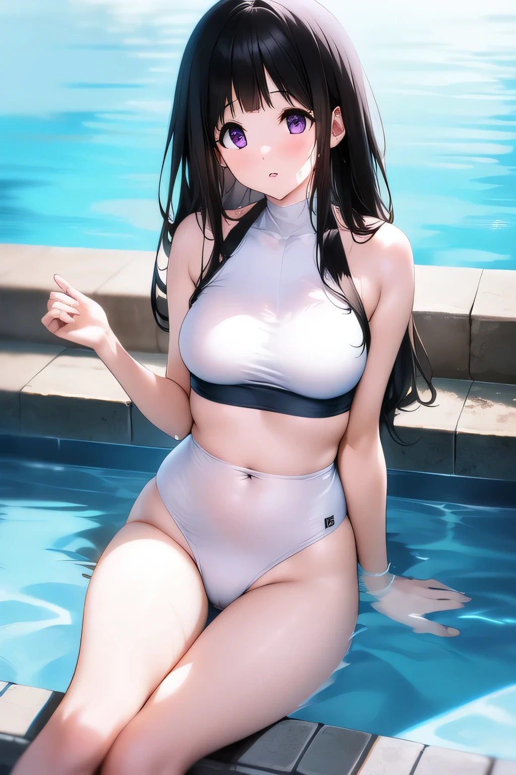 The stunning Chitanda Eru, purple eyes, black hair, Naturally straight hair, straight bangs, extremely refined, only one person,long hair,Peerless beautiful girl, ,soft, (Sensual), (kawaii), dream quality, White translucent swimsuit,white swimsuit,The swimsuit only covers the breasts,The navel can be seen,The swimsuit is transparent,in the swimming pool,Expose the whole body,Smooth头发,show navel,The body is already soaked,Smooth,camel toe,snow white skin,show your feet,show your hands,exaggerated facial features, delicate face, Bright lips open slightly, thin waist, soft curves, Real light and shadow, Ultra-fine, 4K, move naturally, ultra high resolution, (masterpiece:1.2, best quality), (Exquisite and beautiful eyes: 1.2), (Beautiful and delicate face)