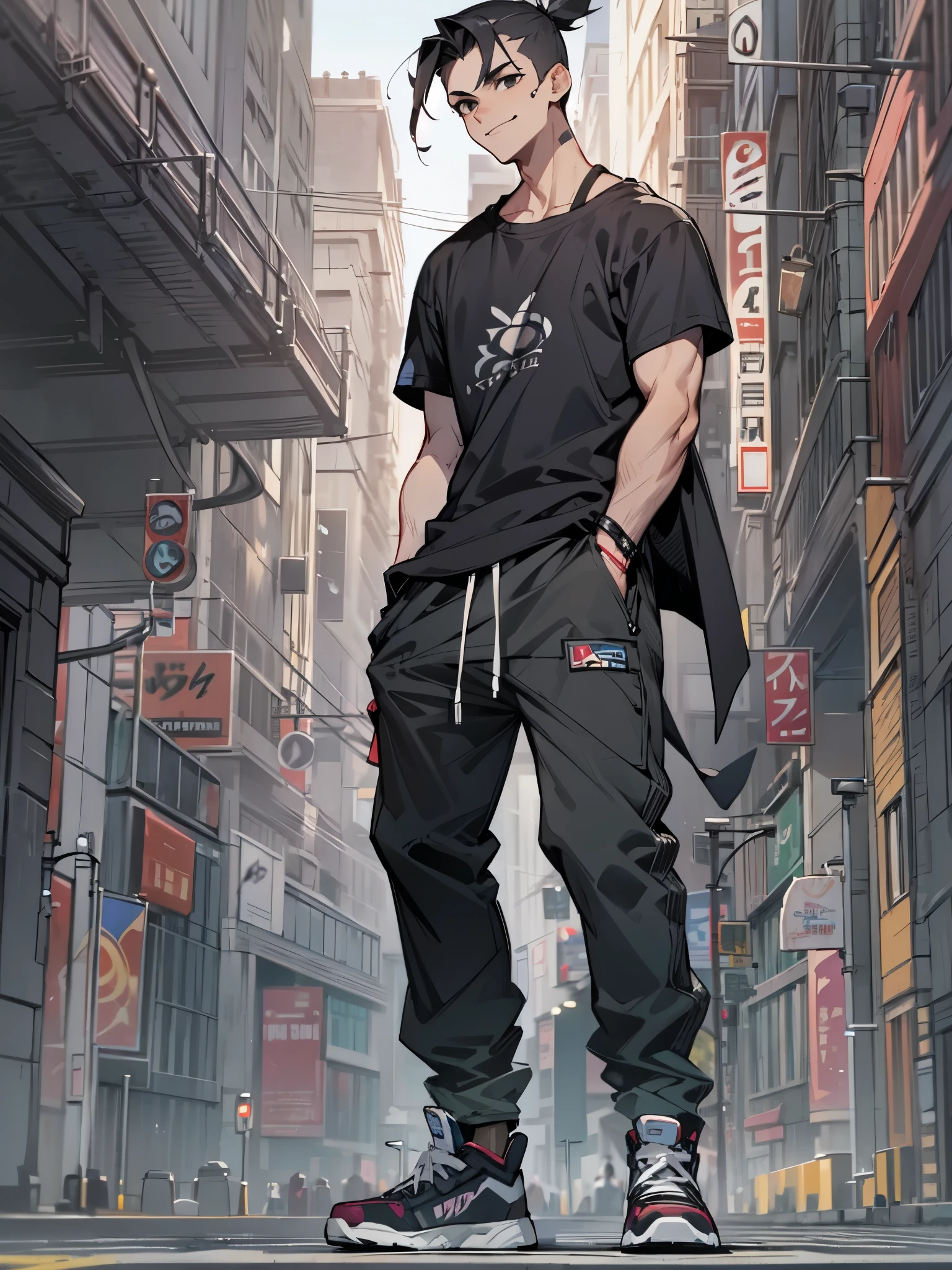 1male, Teen, Muscular, Black Eyes, Black Hair, Short Hair, Scar On Face, Smirk, Confident Expression, Pony Tail, Baggy Black Pants, Baggy T-Shirt, City