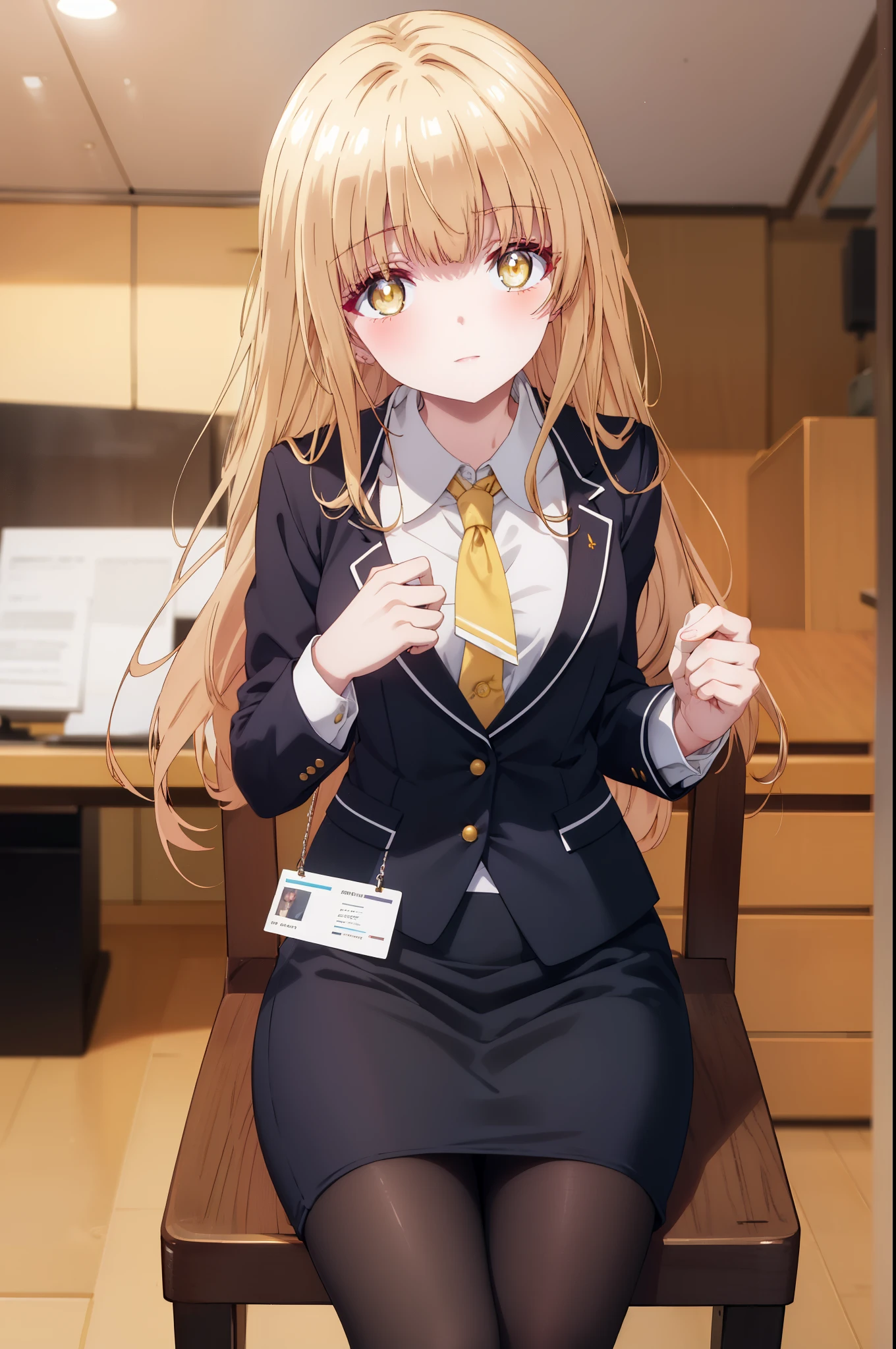 mahirushiina, Mahiru Shiina, bangs, blonde hair, brown hair, (yellow eyes:1.3), smile,blush,open your mouth,long hair,OL, red glasses, end, black suit jacket, collared jacket, white dress shirt, collared shirt, neckline, button, strap, ID card on the neck, black pencil skirt, stiletto heels,black pantyhose, smile, blush, ,There is a computer on the desk.,sitting cross-legged on a chair,morning,morning日,
break indoors,office,
break looking at viewer, whole body, (cowboy shot:1. 5)
break (masterpiece:1.2), highest quality, High resolution, unity 8k wallpaper, (shape:0.8), (fine and beautiful eyes:1.6), highly detailed face, perfect lighting, Very detailed CG, (perfect hands, perfect anatomy),