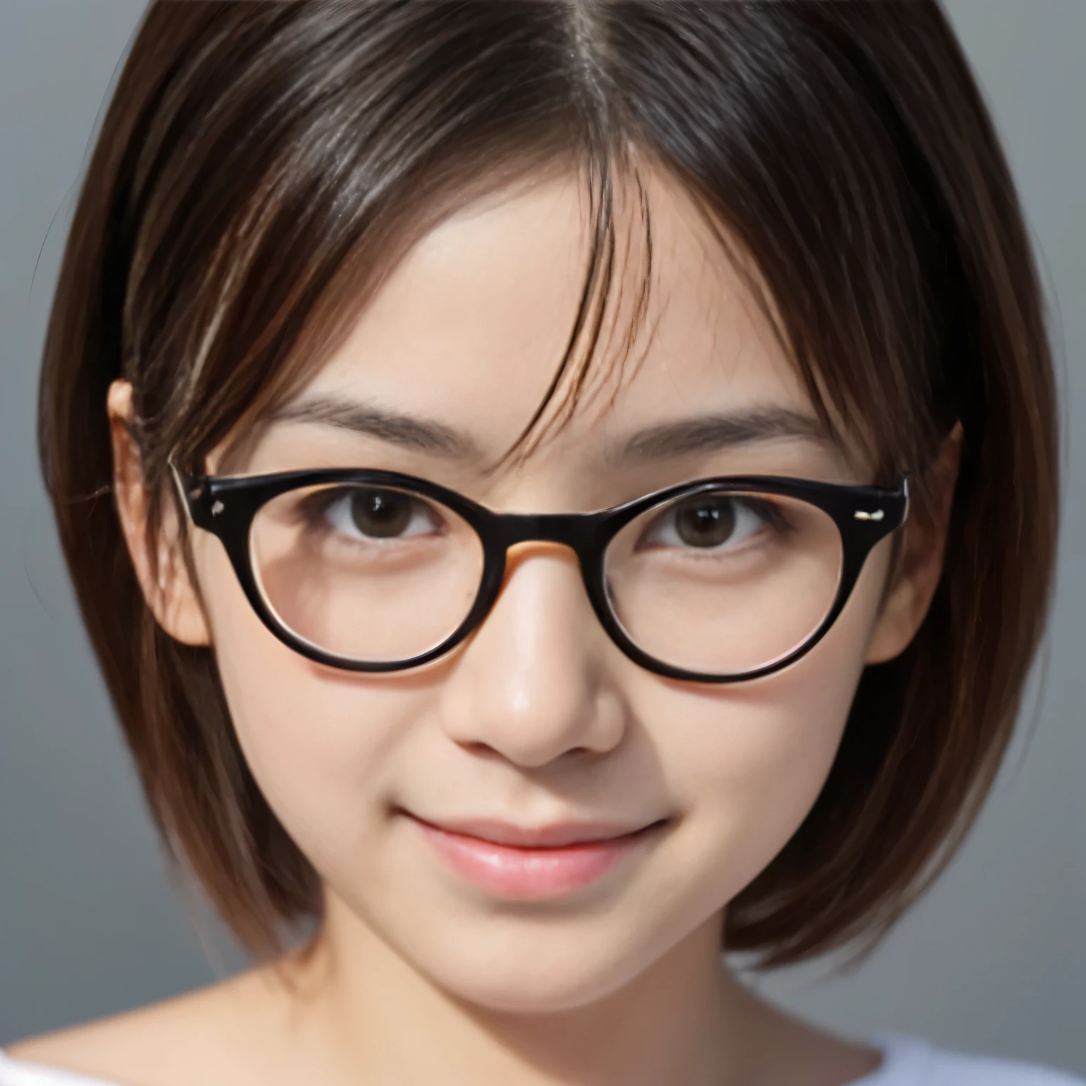 Best-quality, Masterpiece, Ultra-High-Resolution, (Photorealistic:1.4), Raw-Photo, Extremely-Details, Perfect-Anatomy, 1girl, 12-years-old, the most popular Japanese idol, portrait, face focus, innocent smile, extremely cute childish-face, extremely beautiful big black solid circle eyes, extremely beautiful black short cut haired, extremely beautiful realistic skins, extremely beautiful lips, extremely beautiful long eyelashes, extremely beautiful teeth, wearing cute designed glasses, detailed glasses
