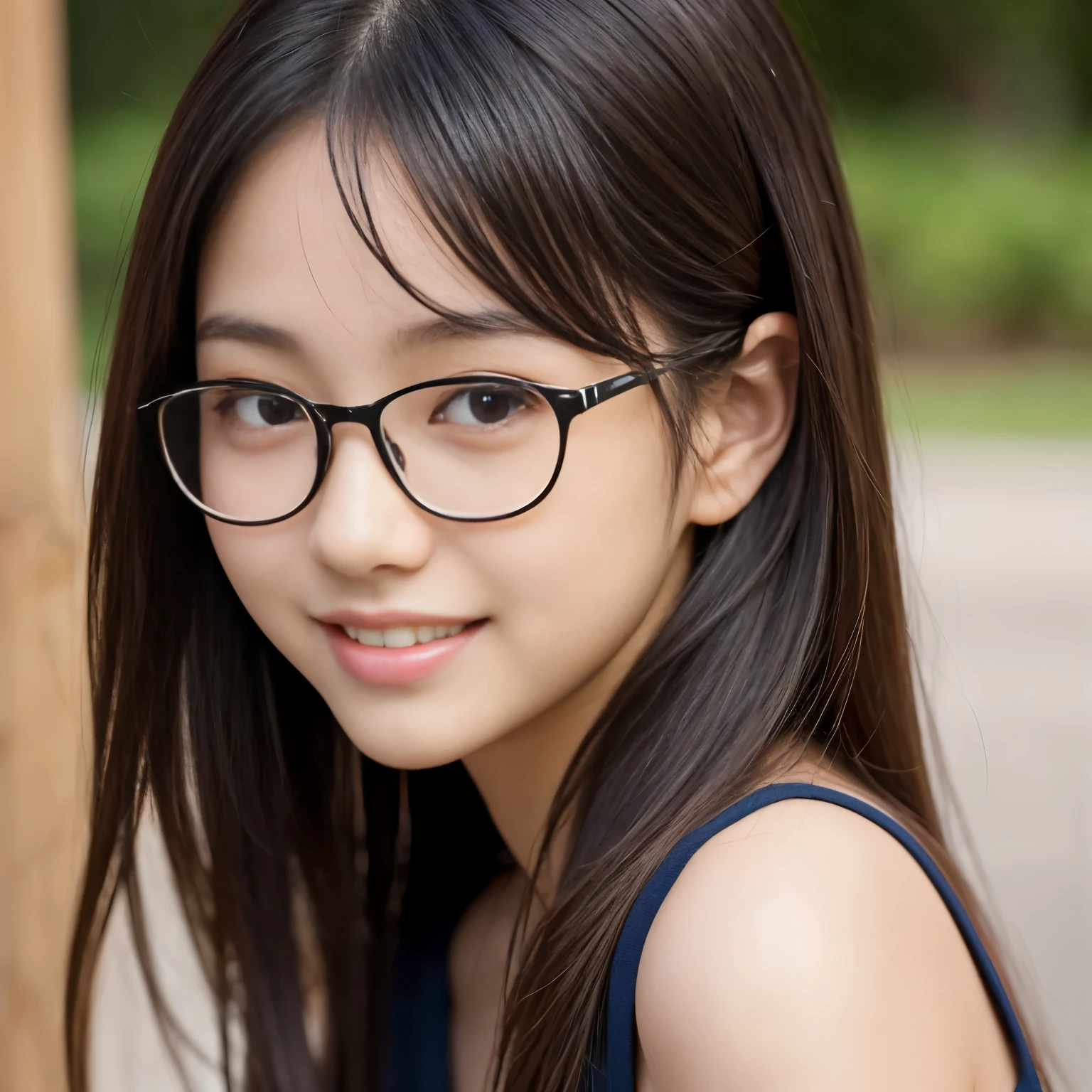 Best-quality, Masterpiece, Ultra-High-Resolution, (Photorealistic:1.4), Raw-Photo, Extremely-Details, Perfect-Anatomy, 1girl, 12-years-old, the most popular Japanese idol, portrait, face focus, innocent smile, extremely cute childish-face, extremely beautiful big black solid circle eyes, extremely beautiful black short cut haired, extremely beautiful realistic skins, extremely beautiful lips, extremely beautiful long eyelashes, extremely beautiful teeth, wearing cute designed glasses, detailed glasses