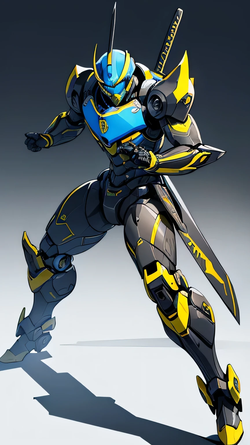 ((humanoid robot)). Armored tactical armor in yellow colors, preto e azul. Botas de combate. Katana Espada. Ambiente urbano. cena de guerra.