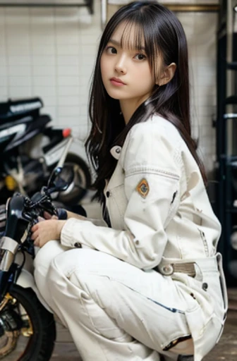 best quality, detailed, beautiful, insanely detailed, absurdres,perfect anatomy,
Japanese woman,black hair,27 years old,
(slender),
(small breasts),
(motorcycle:1.3), delightful, squatting, medium hair, (dirty white coveralls), (holding a spanner in hand:1.0), (A scene where a motorcycle is being maintained), (maintenance garage), cowboy shot, birds-eye view