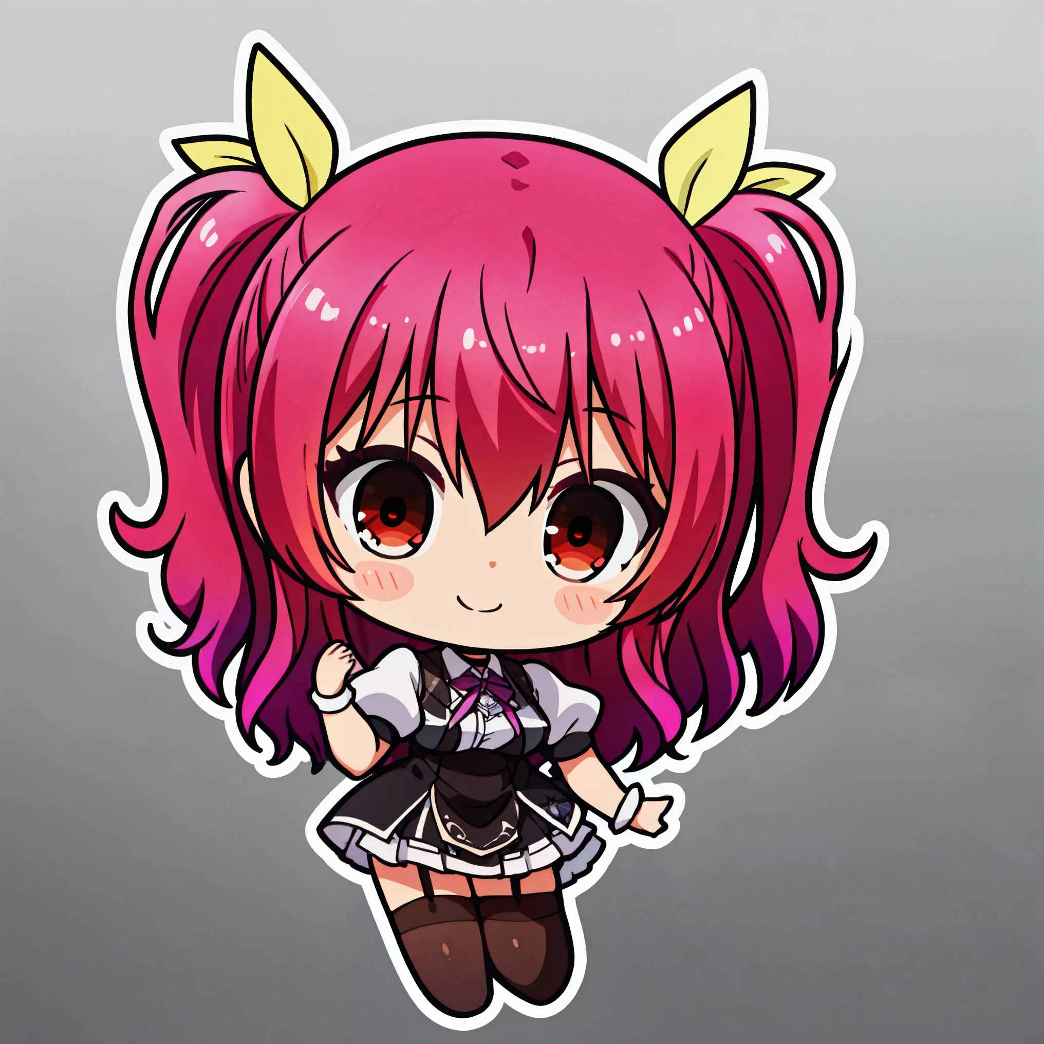 Stella vermillion emoji, 1 girl, solo, sticker, (cute), white background, no background, minimal, simple, thick lineart, flat colors, vector style, masterpiece、top-quality、top-quality, colourfull、 sfw, head shot, stellavermillion, stella vermillion head, chibi, hair ribbon, long hair, (red eyes:1.5), red hair, two side up, yellow ribbon, BREAK black choker, choker, emblem, garter straps, neck ribbon, plaid, puffy short sleeves, puffy sleeves, purple ribbon, red hair, ribbon, , shirt, short sleeves, skirt, thighhighs, white shirt, white skirt, BREAK looking at viewer, teasing smile BREAK (masterpiece:1.2), best quality, high resolution, unity 8k wallpaper, (illustration:0.8), (beautiful detailed eyes:1.6), extremely detailed face, perfect lighting, (perfect hands, perfect anatomy),, sticker, head, minimal, head only, flat colours, simple lines