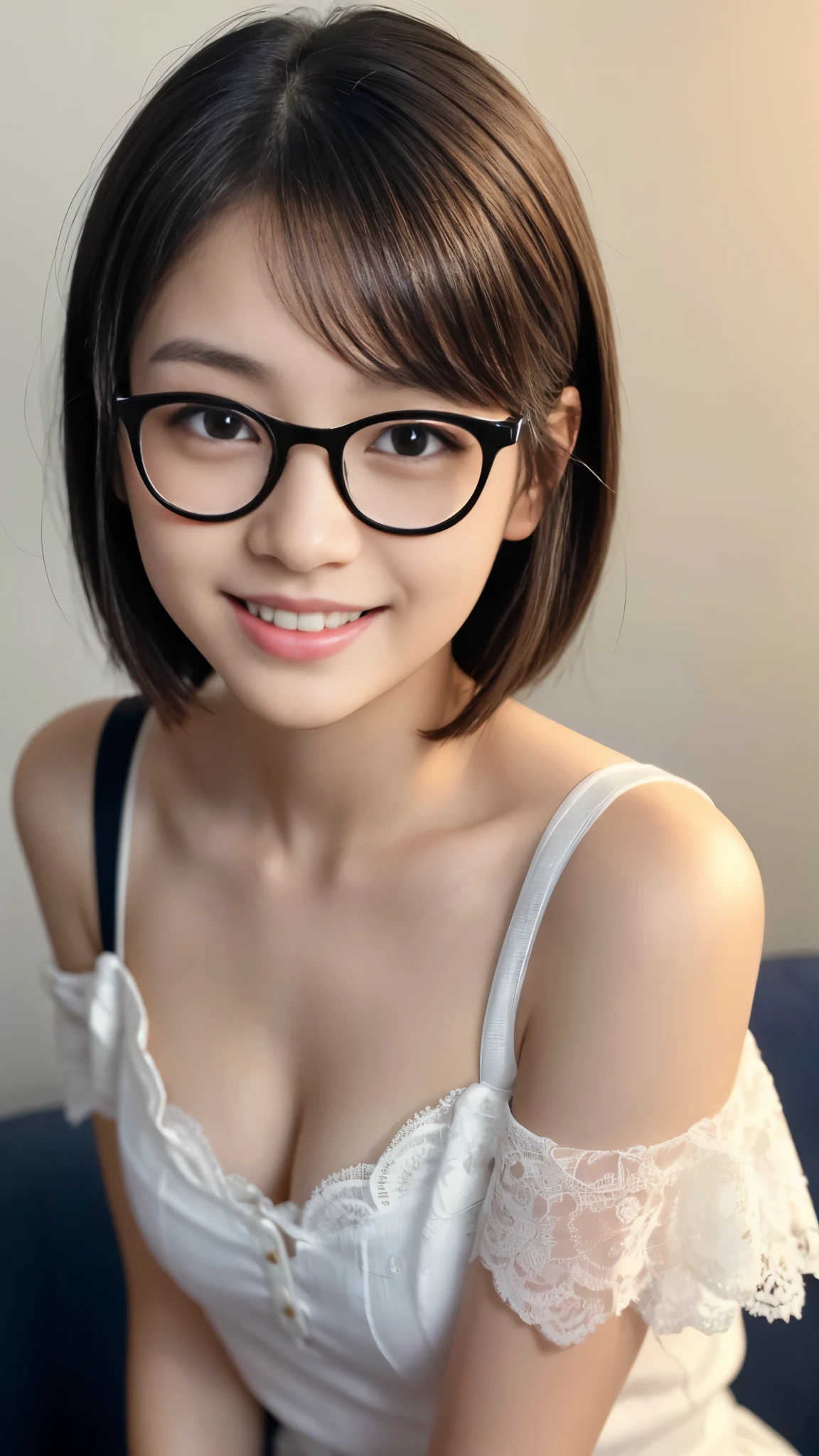 Best-quality, Masterpiece, Ultra-High-Resolution, (Photorealistic:1.4), Raw-Photo, Extremely-Details, Perfect-Anatomy, 1girl, -yeld, thost popular Japanese idol, portrait, face focus, innocent smile, extremely cute childish-face, extremely beautiful big black solid circle eyes, extremely beautiful black short cut haired, extremely beautiful realistic skins, extremely beautiful lips, extremely beautiful long eyelashes, extremely beautiful teeth, wearing cute designed glasses, detailed glasses