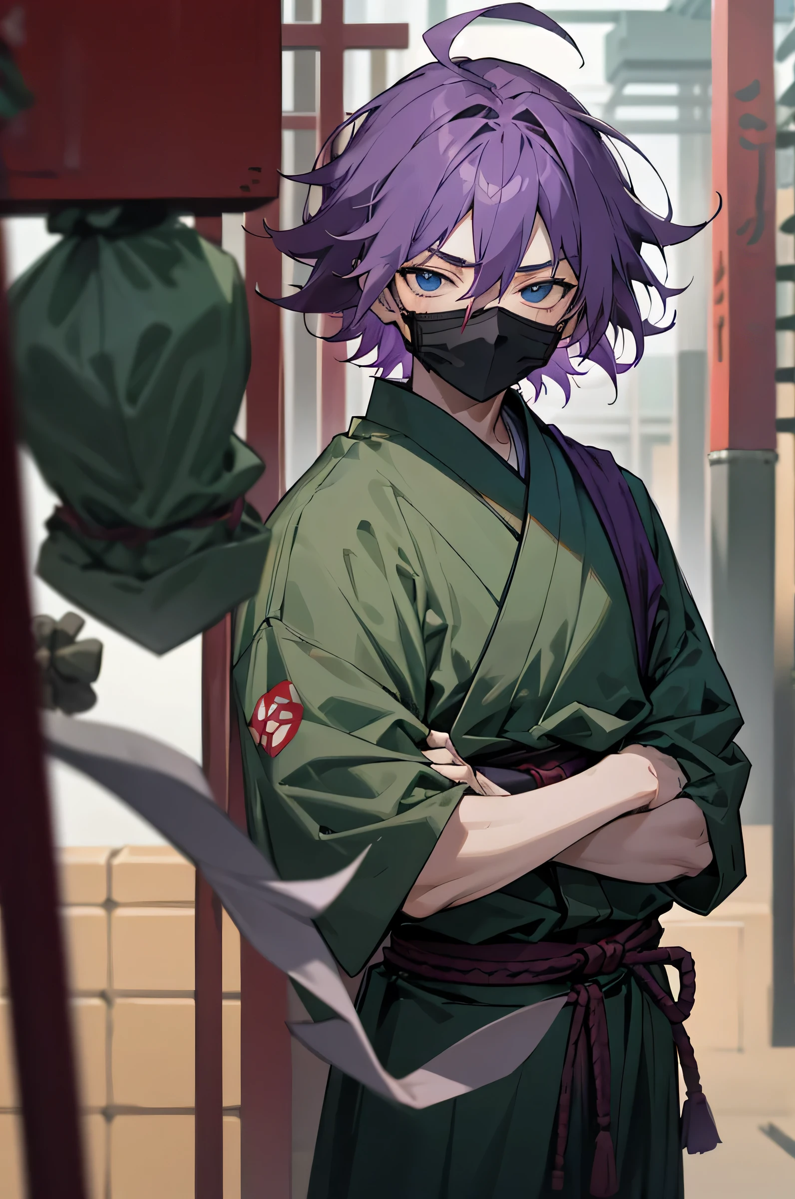 1male , young adult, Purple Hair , Blue eyes , messy hair , Gray and Red haori slightly short sleeves and long sleeves underneath, standing in Shop background , facing viewer, somber expression, Ninja Clothing, Green wrapped belt , lean build, Face mask, puppet.