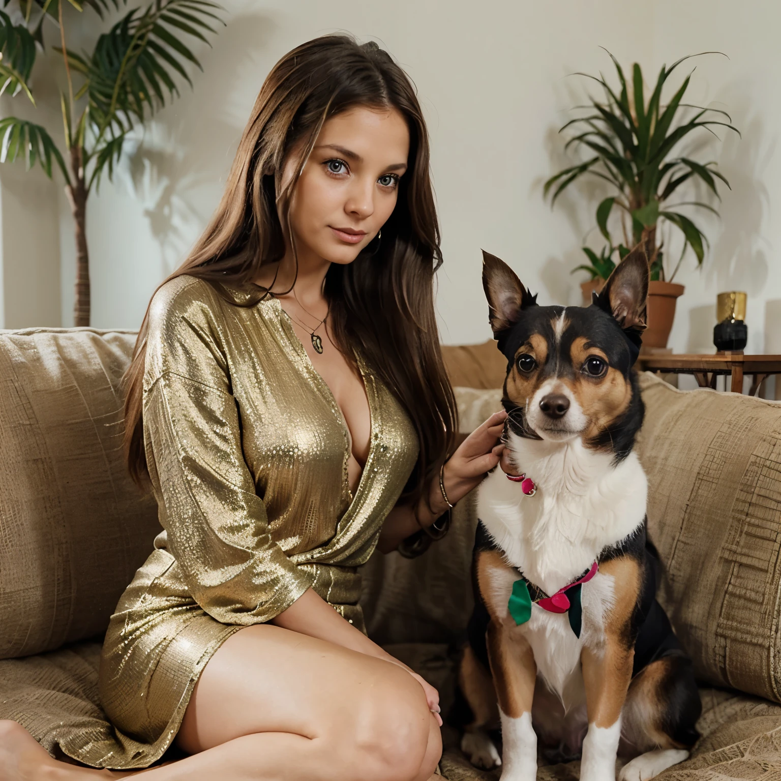 Hi, i want a woman with green eyes and very long brown hair, she has vintage sparkly clothes, she has tarot cards in her hands, a Brown chihuahua and a white cat with blue eyes, she looks sweet and funny and smart. She is 40 years old. She has tarot cards in her hands. The dog and cat are next to her.