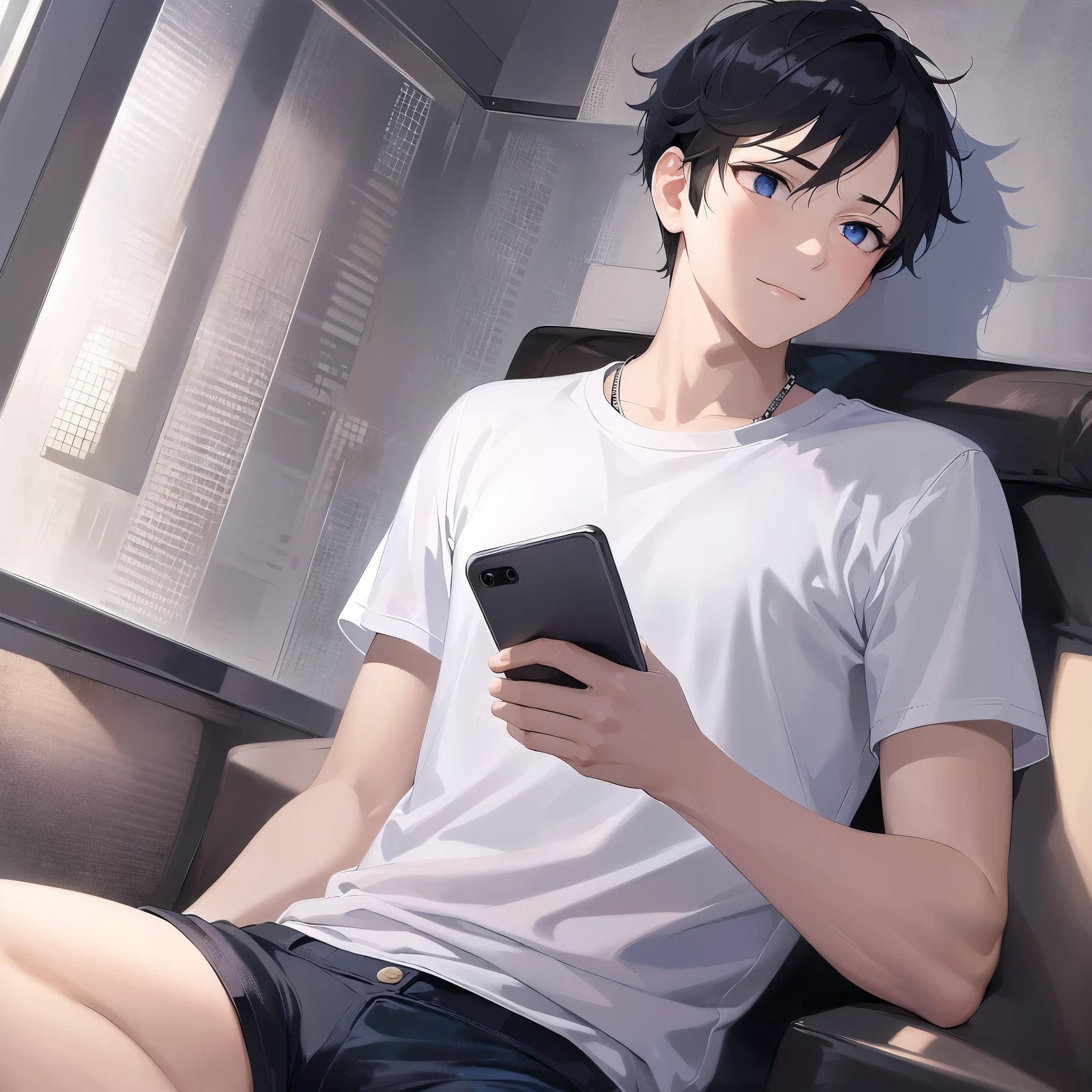 (Highest quality)), ((masterpiece)), (detailed),The background is the bedroom、Lying in bed、boyfriend、A man around 35 years old、A man with waist-length black hair tied back、Wearing a white T-shirt,Eye color is a calm blue、Location: Bedroom。Lying together
