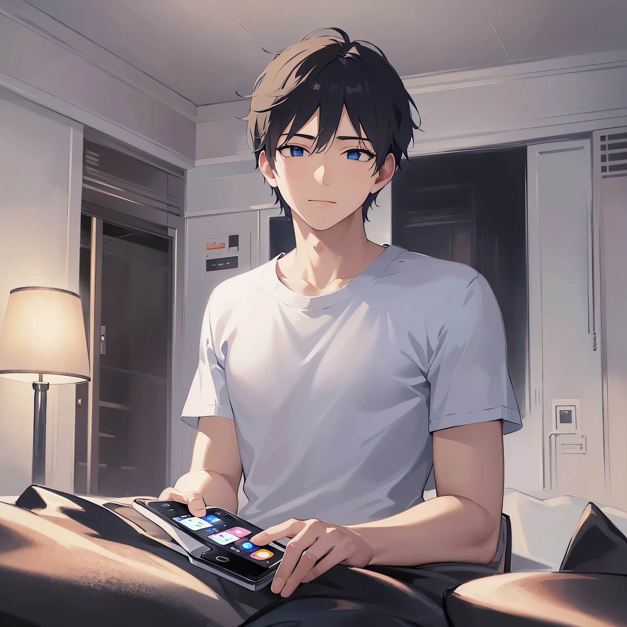 holding a phone, staring at cell phone、(looking away:1.5)、Upper Body, masterpiece、highest quality、25 year old male with short black hair and blue eyes, wearing a suit、wearing a white T-shirt、sitting、smile, The background is the living room at night、(Alone:2)