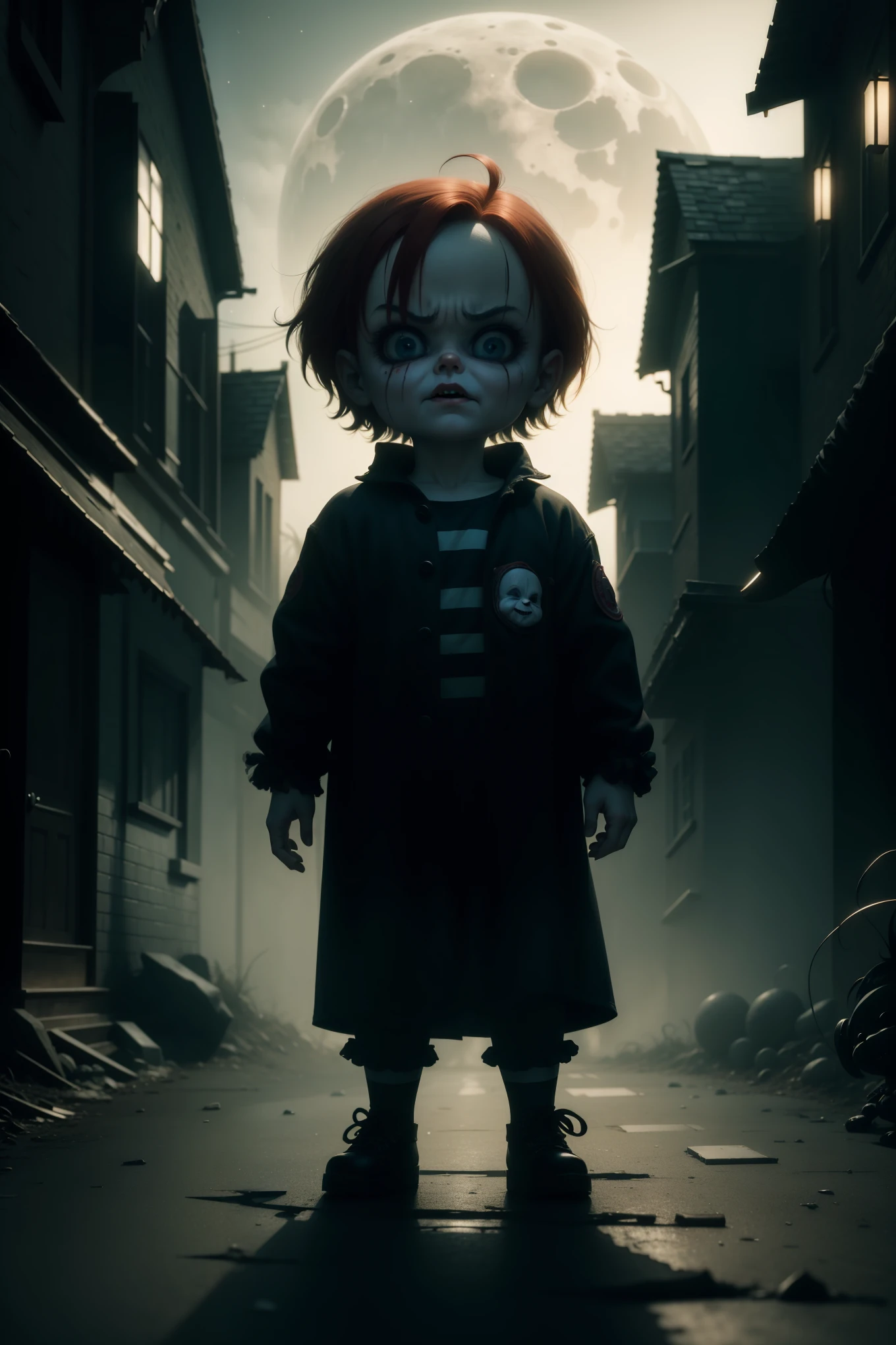Title: Chucky's Enigmatic Night Stroll - A Tim Burtonesque Illustration

Basking in the ethereal moon glow, Chucky, the notorious doll, emerges from the shadows of an eerie, fog-laden street. His creeping presence is a testament to Tim Burton's signature style, where the grotesque and enchanting come together in perfect harmony. defeating their enemies.

The once-adorable porcelain face of Chucky has been marred by time, revealing cracks and fissures that give the doll an ominous, yet oddly endearing, charm. His distorted, oversized eyes, hollow
