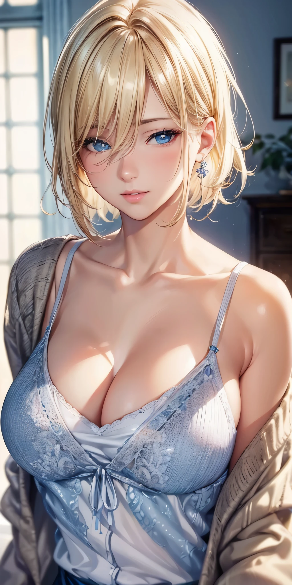 (best quality, highres, realistic), portrait, elegant mature woman, blue eyes,blonde hair, big breast, ultra detailed cg 8k, beautiful cg, soft light