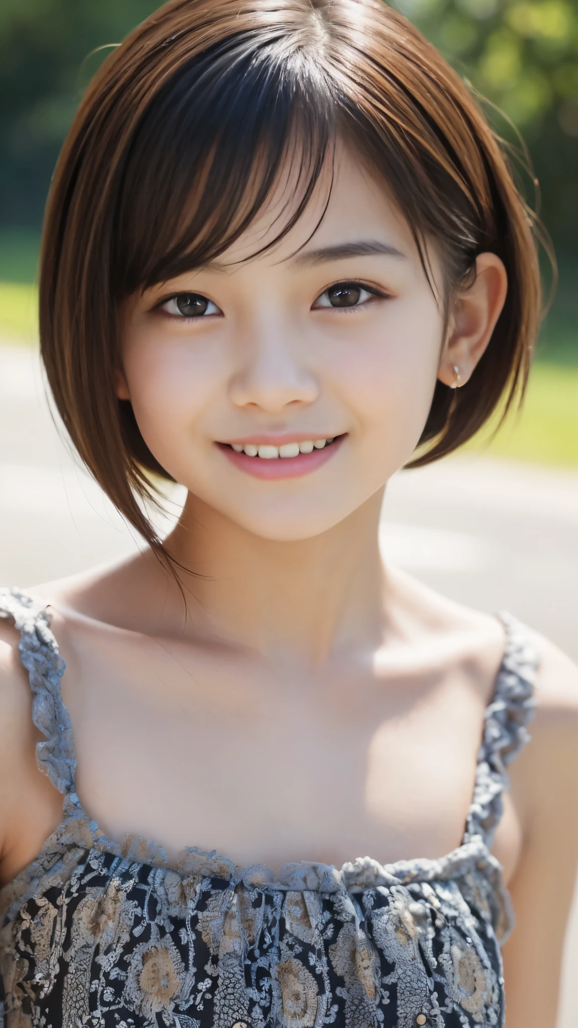 Best-quality, Masterpiece, Ultra-High-Resolution, (Photorealistic:1.4), Raw-Photo, Extremely-Details, Perfect-Anatomy, 1girl, 12-years-old, the most popular Japanese idol, portrait, face focus, innocent smile, extremely cute childish-face, extremely beautiful big black solid circle eyes, extremely beautiful black short cut haired, extremely beautiful realistic skins, extremely beautiful lips, extremely beautiful long eyelashes, extremely beautiful teeth, extremely beautiful childish-body