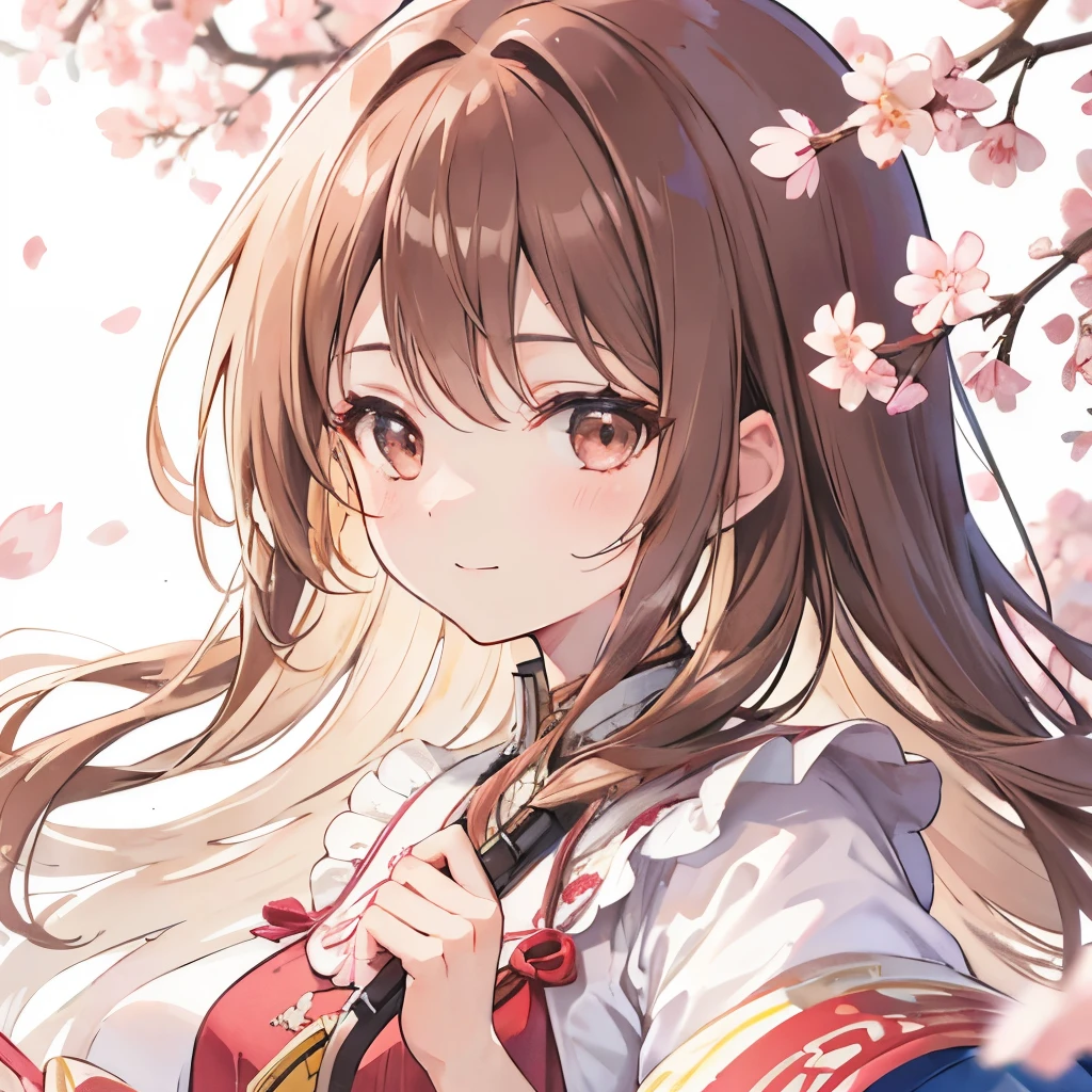 Dancing cherry blossoms Light brown hair Long hair Smiling White dress Illustration from the chest up Close-up of the face